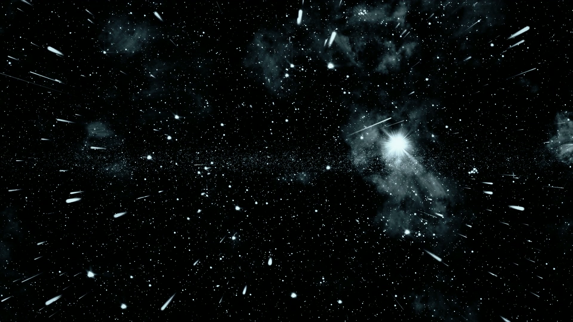 Mesmerizing HD video loop view of a star-filled outer space, featuring a bright starburst, swirling nebulae, and shooting stars against a dark cosmic video backdrop.