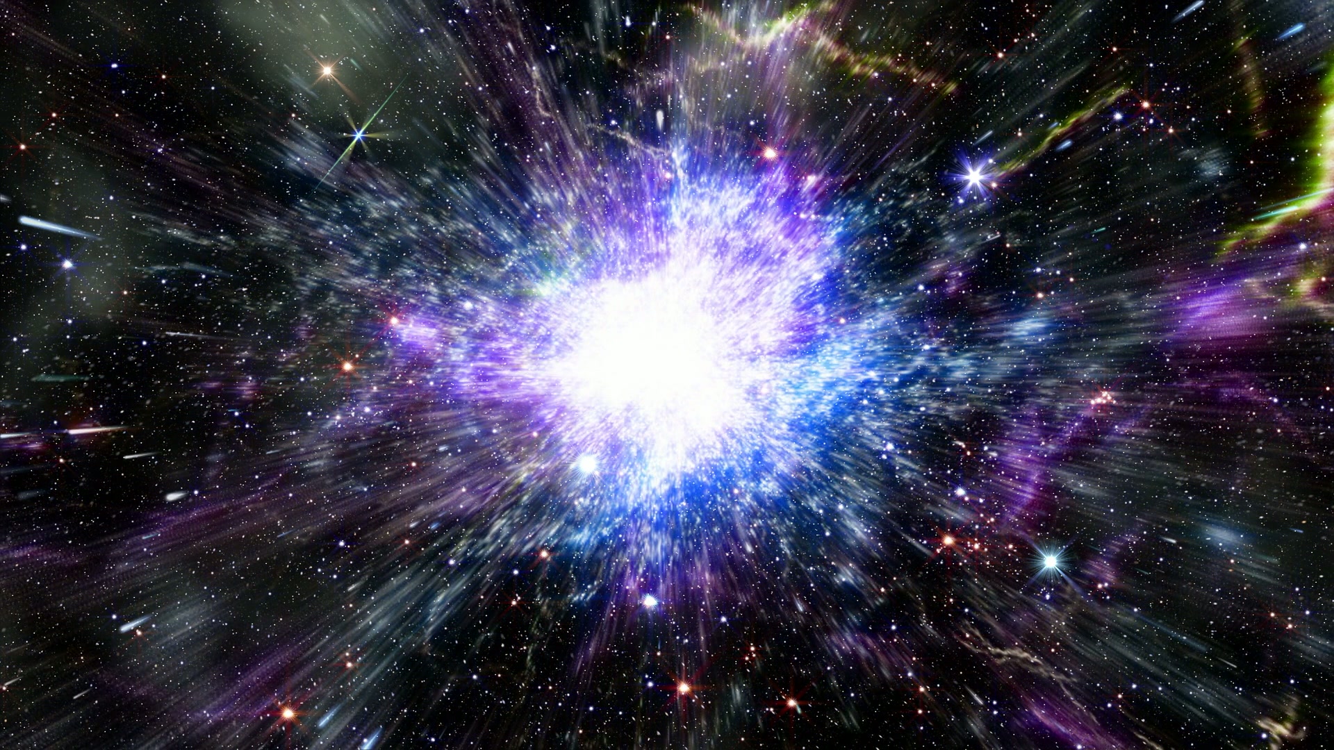 A stunning looping video of a cosmic explosion in a distant galaxy, showcasing a vibrant burst of light and energy against a backdrop of stars and colorful nebulae, showing the beauty and vastness of the universe.