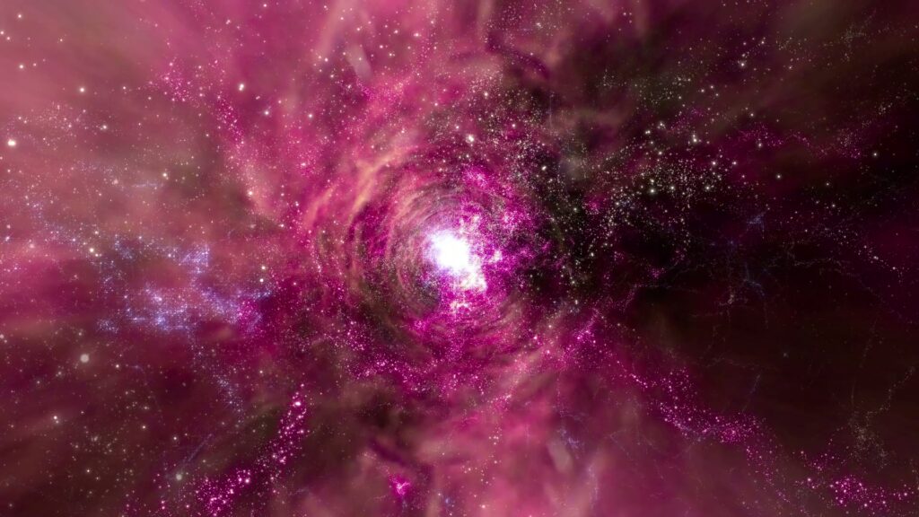 A video loop journey through vibrant pink and purple nebula swirls with a briht, luminous core in space, surrounded by scattered stars, showing the beauty and wonder of the cosmos.
