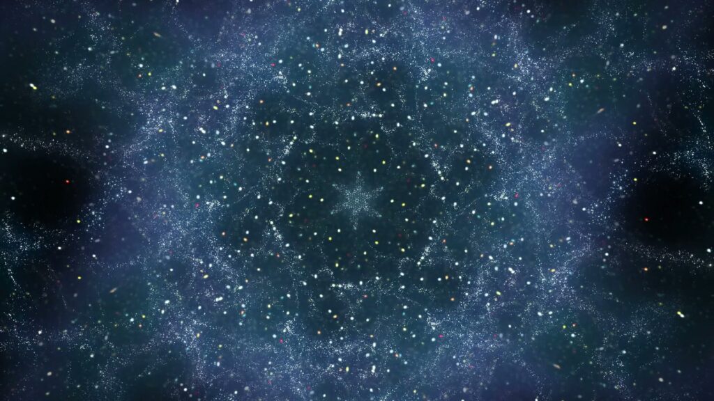 Symmetrical star pattern with colorful dots against a deep blue background, resembling a galaxy.