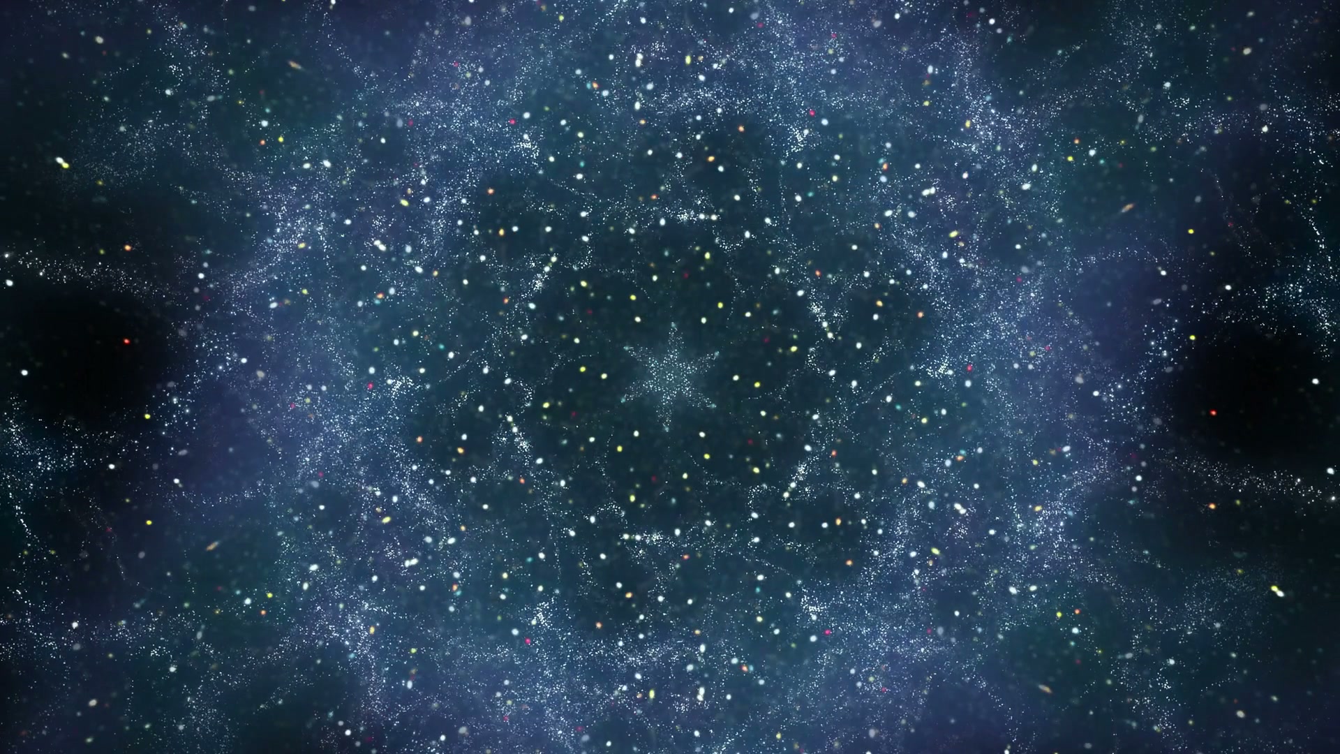 Symmetrical star pattern with colorful dots against a deep blue background, resembling a galaxy.