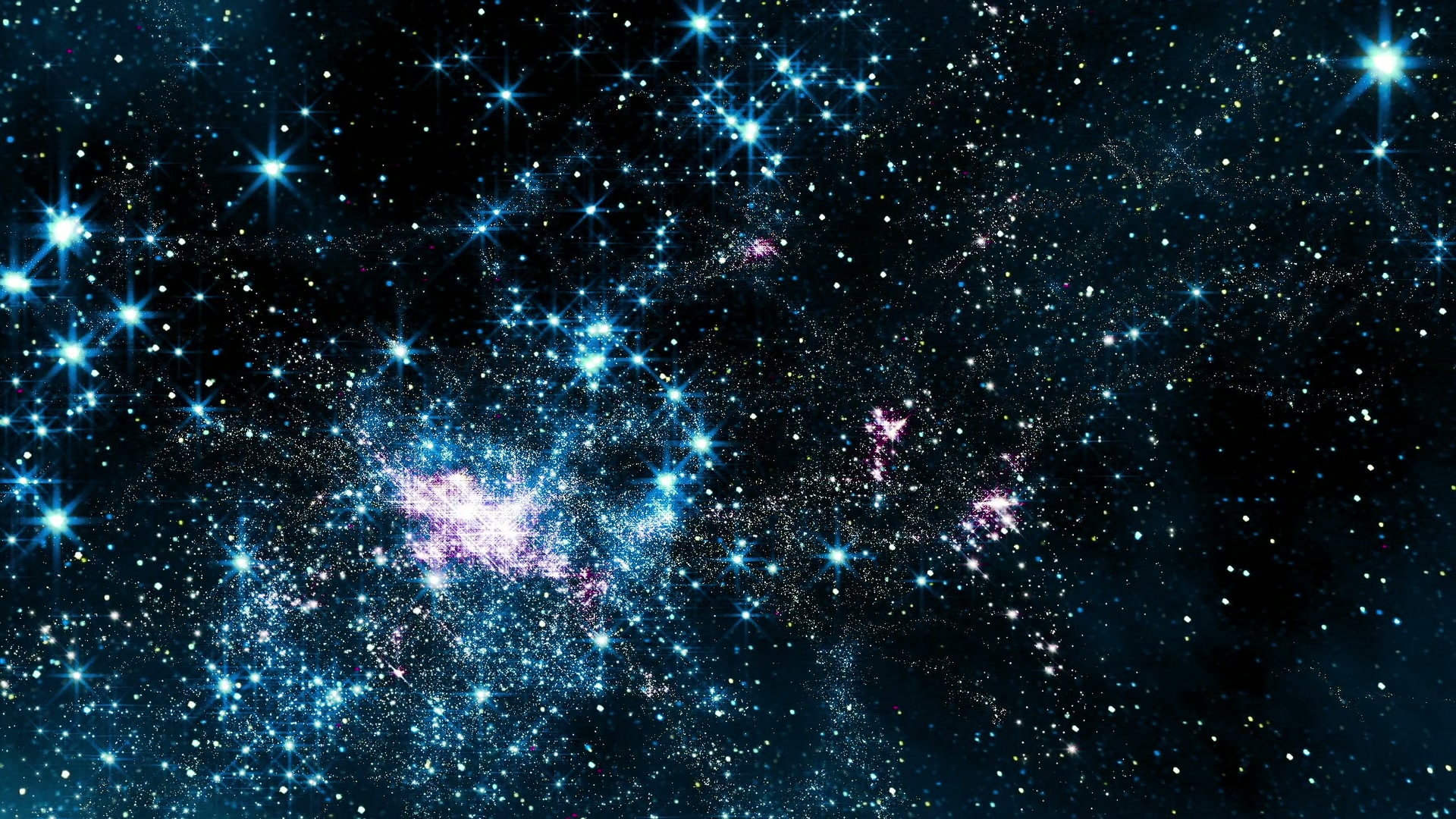 A breathtaking video loop of the cosmos featuring countless twinkling stars in blue and white hues, set against a deep black background with hints of cosmic dust and gas clouds.