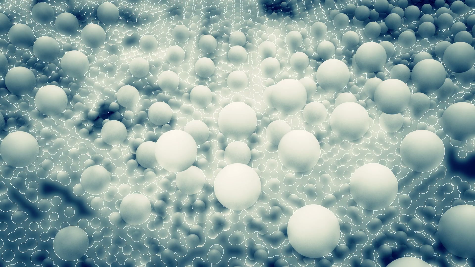 Abstract video loop of translucent spheres interconnected by intricate patterns in a light blue ethereal environment, evoking a sense of futuristic molecular structures.