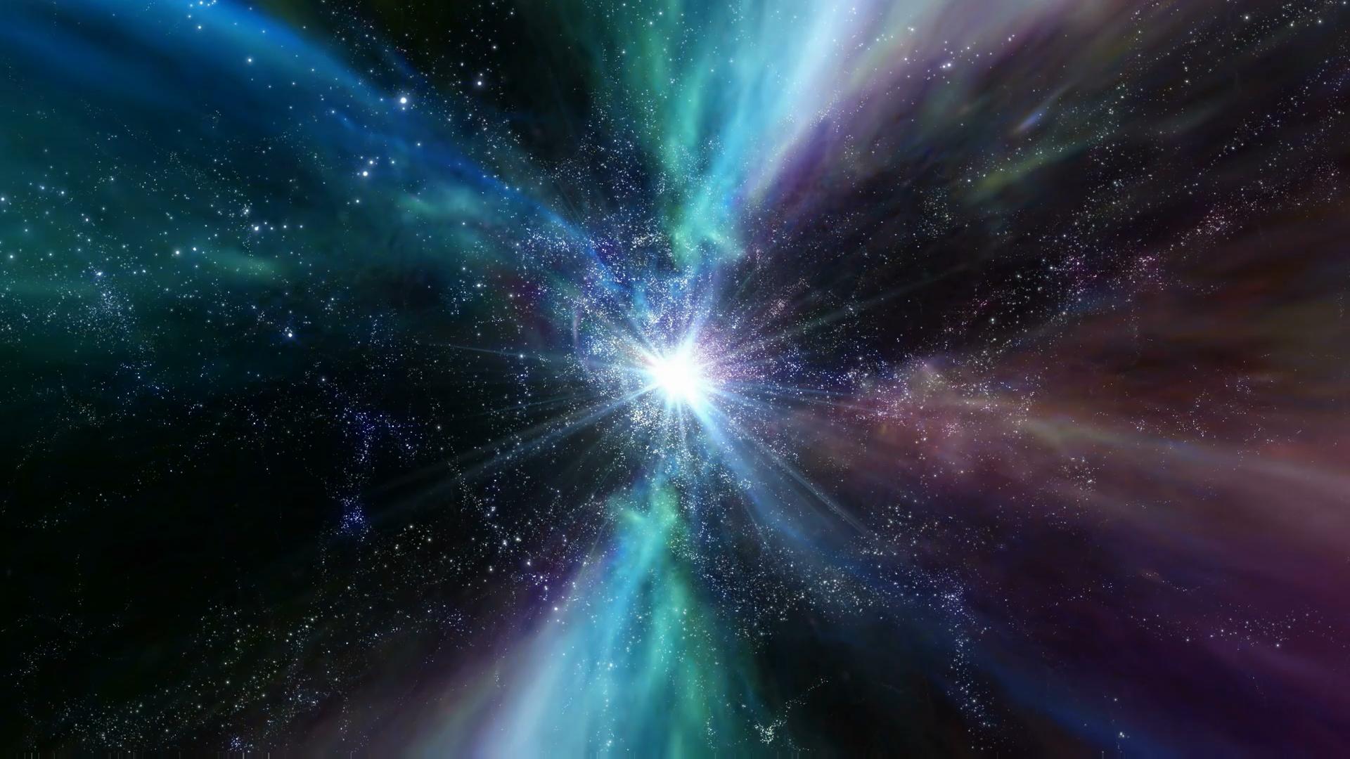A stunning cosmic burst illuminates dark space with radiant beams and colorful nebulas among distant stars.