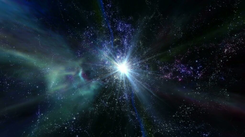 A vibrant cosmic 3D animation loop featuring a radiant explosion of light in outer space, surrounded by stars and colorful nebulae, showing the vastness and beauty of the universe.