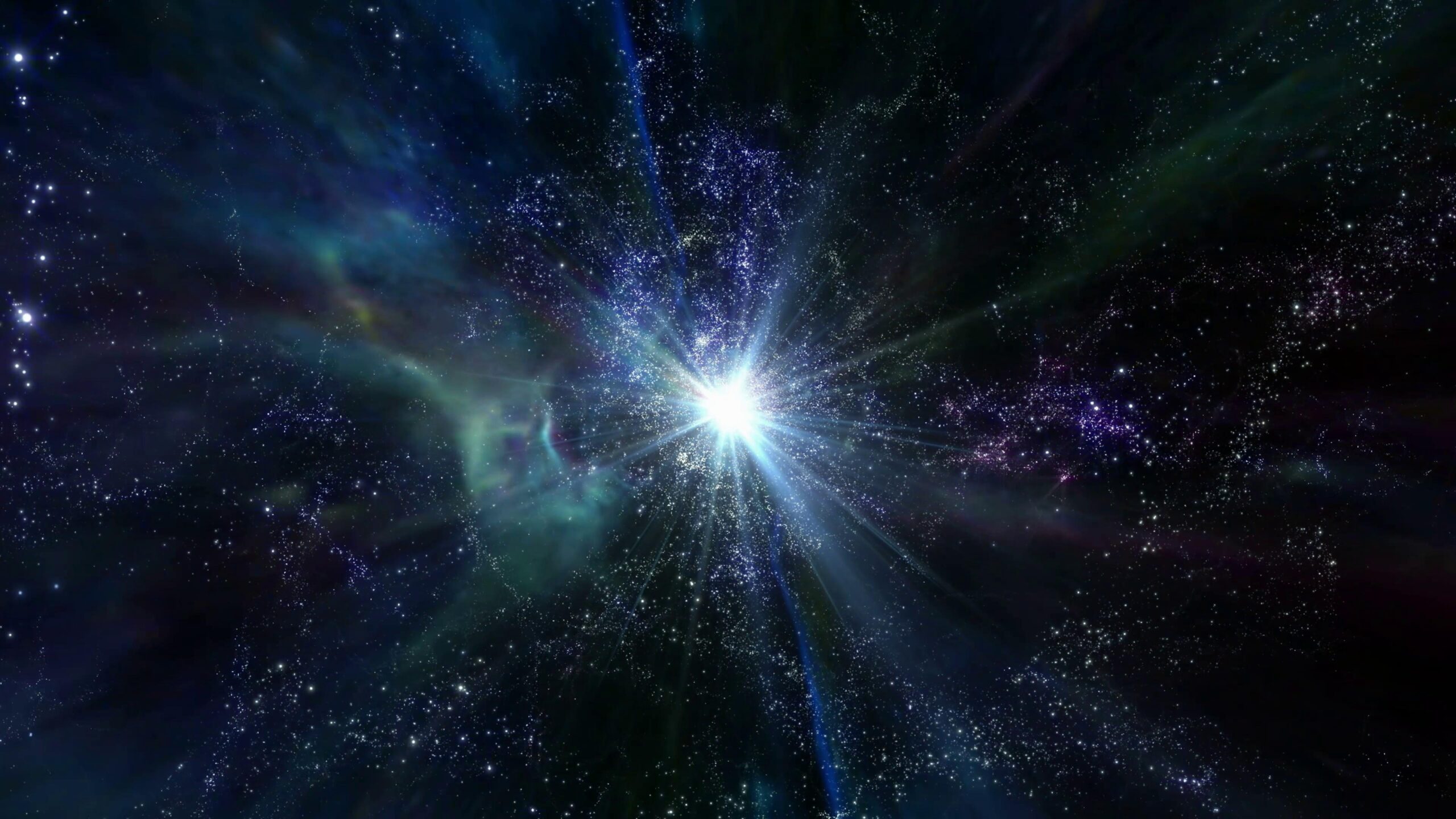 A mesmerizing 4K video loop cosmic explosion radiates from a brilliant central point, illuminating swirling nebulae in vibrant hues of teal, purple, and indigo against an infinite starfield.