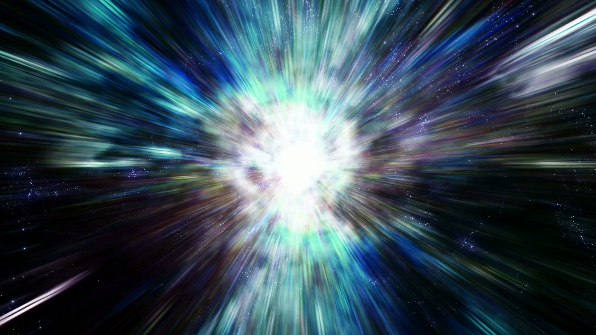 A vibrant 3D animation loop cosmic explosion with bright white light at the center, surrounded by beams of blue, green, and purple, against a starry dark background, evoking intensity and energy in space.