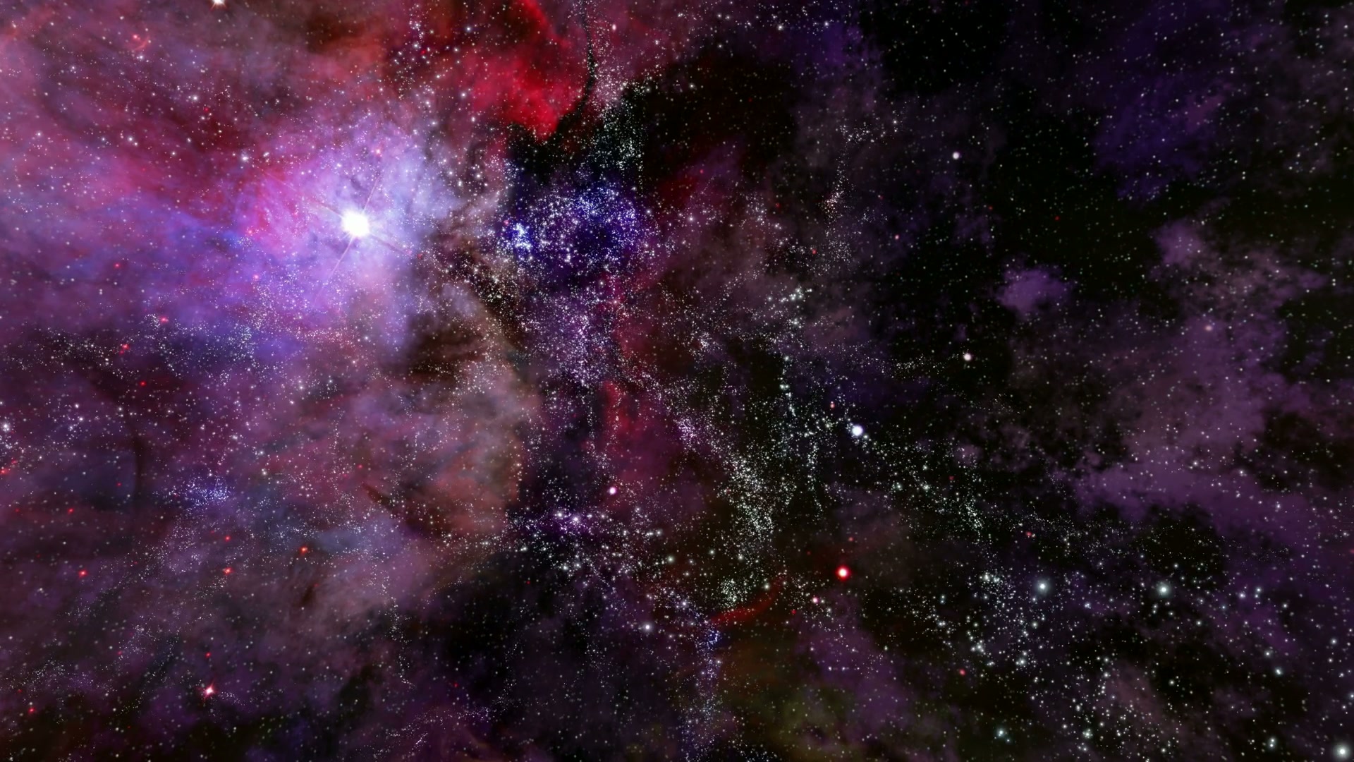 Vibrant cosmic nebula journey with swirling clouds of colorful gas and stars in deep space.