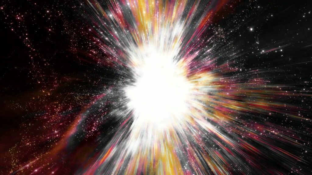 Vibrant video animation of a cosmic explosion with radiant white light and colorful beams symbolizing the Big Bang in a star-filled universe.