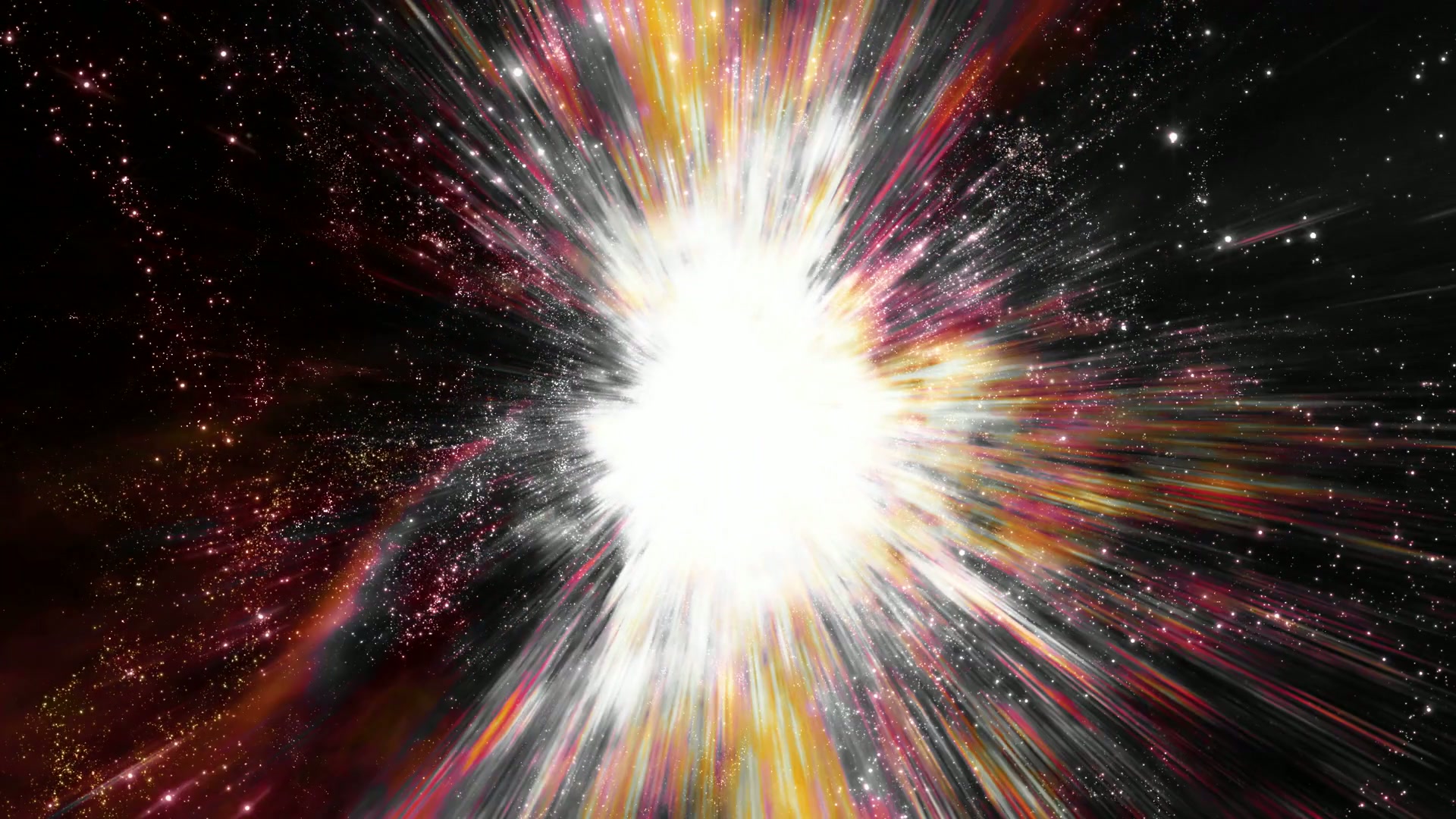 Vibrant video animation of a cosmic explosion with radiant white light and colorful beams symbolizing the Big Bang in a star-filled universe.