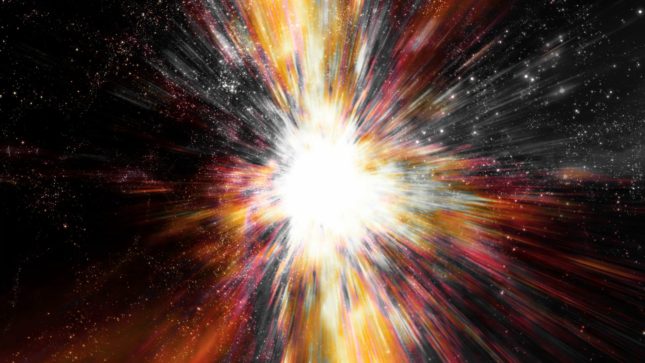 A dazzling starburst radiates golden-orange rays against deep cosmos filled with twinkling stars.