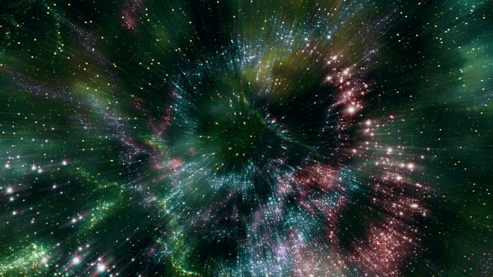 Vibrant cosmic space scene with colorful stars and light streaks, depicting a dynamic journey through a galaxy.