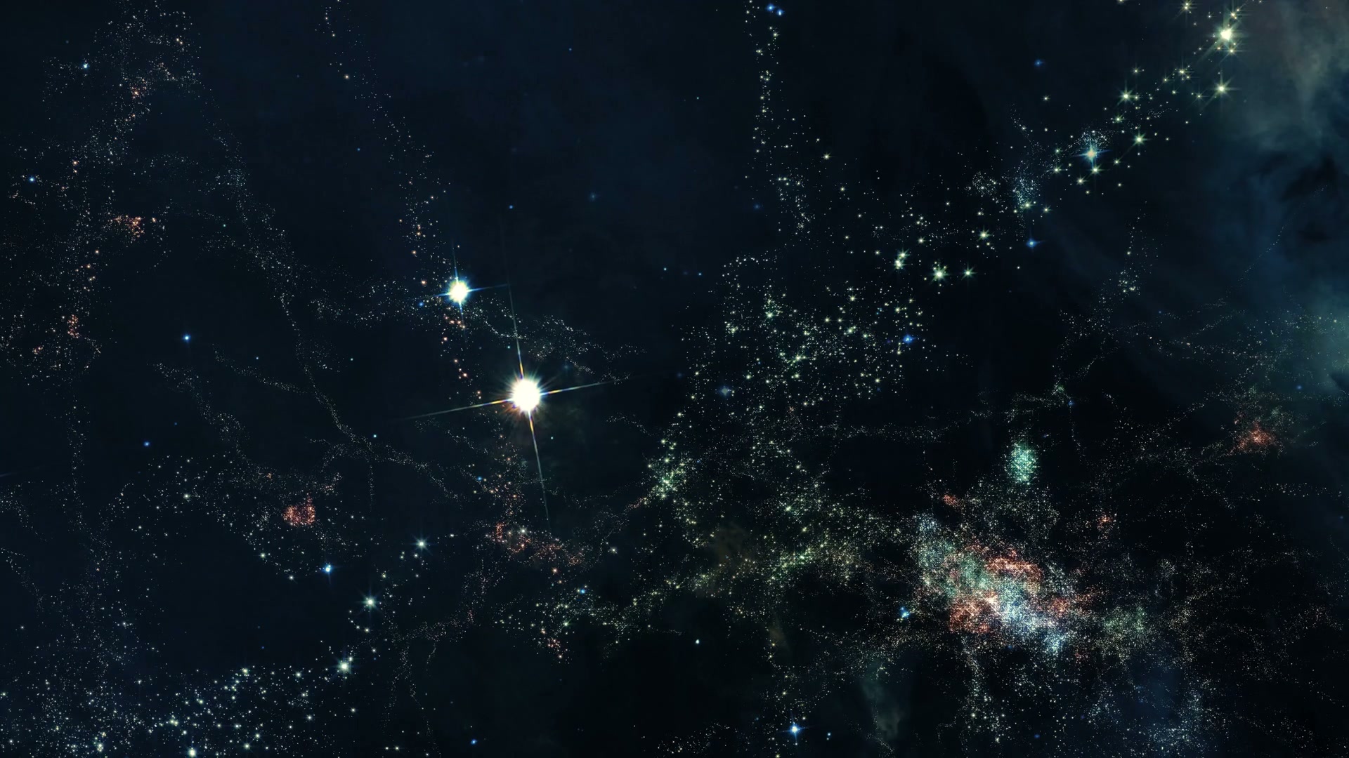 A breathtaking animation loop of a star-filled night sky showing a vast galaxy with two bright stars at the center, surrounded by constellations and nebulae in shades of pink and green.