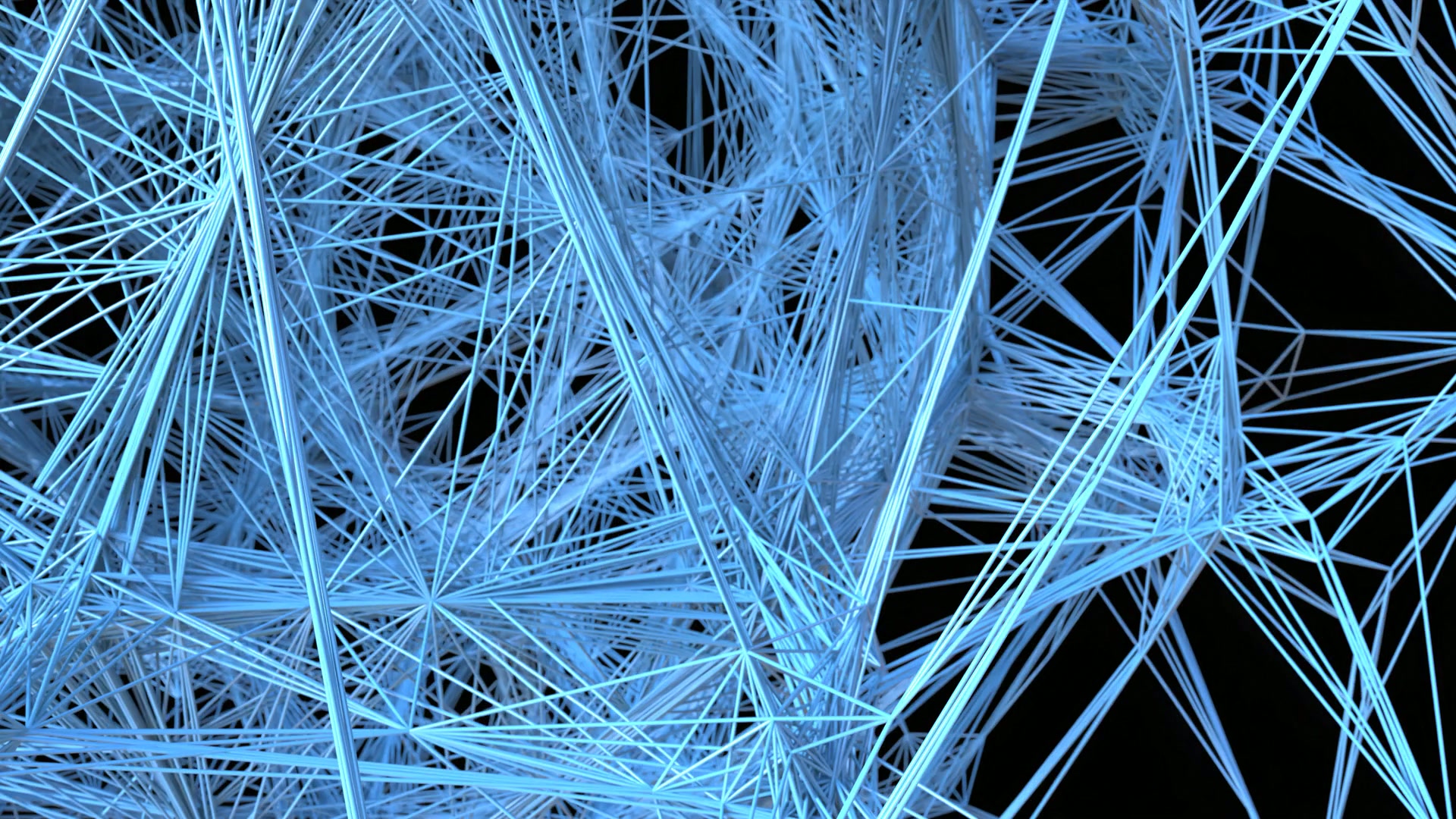 A complex network of intersecting blue lines forming an intricate mesh against a black background, creating a visually striking abstract representation of connectivity and modern technology.