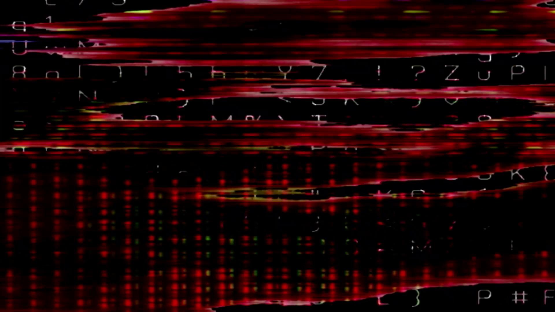 Abstract video loop glitch art with colorful distortions and text overlays.