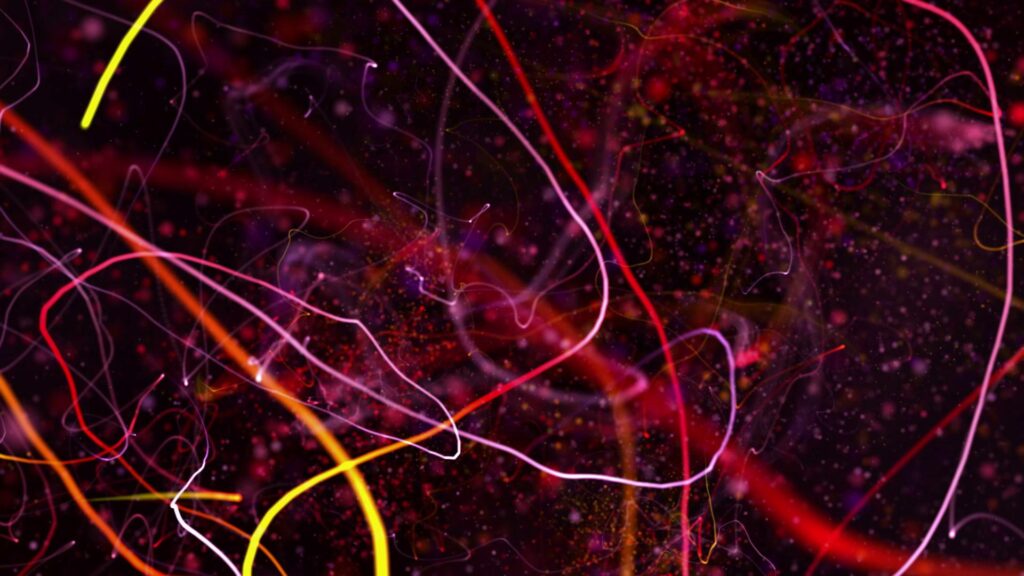 Abstract colorful swirling lines against black video background animated effect.