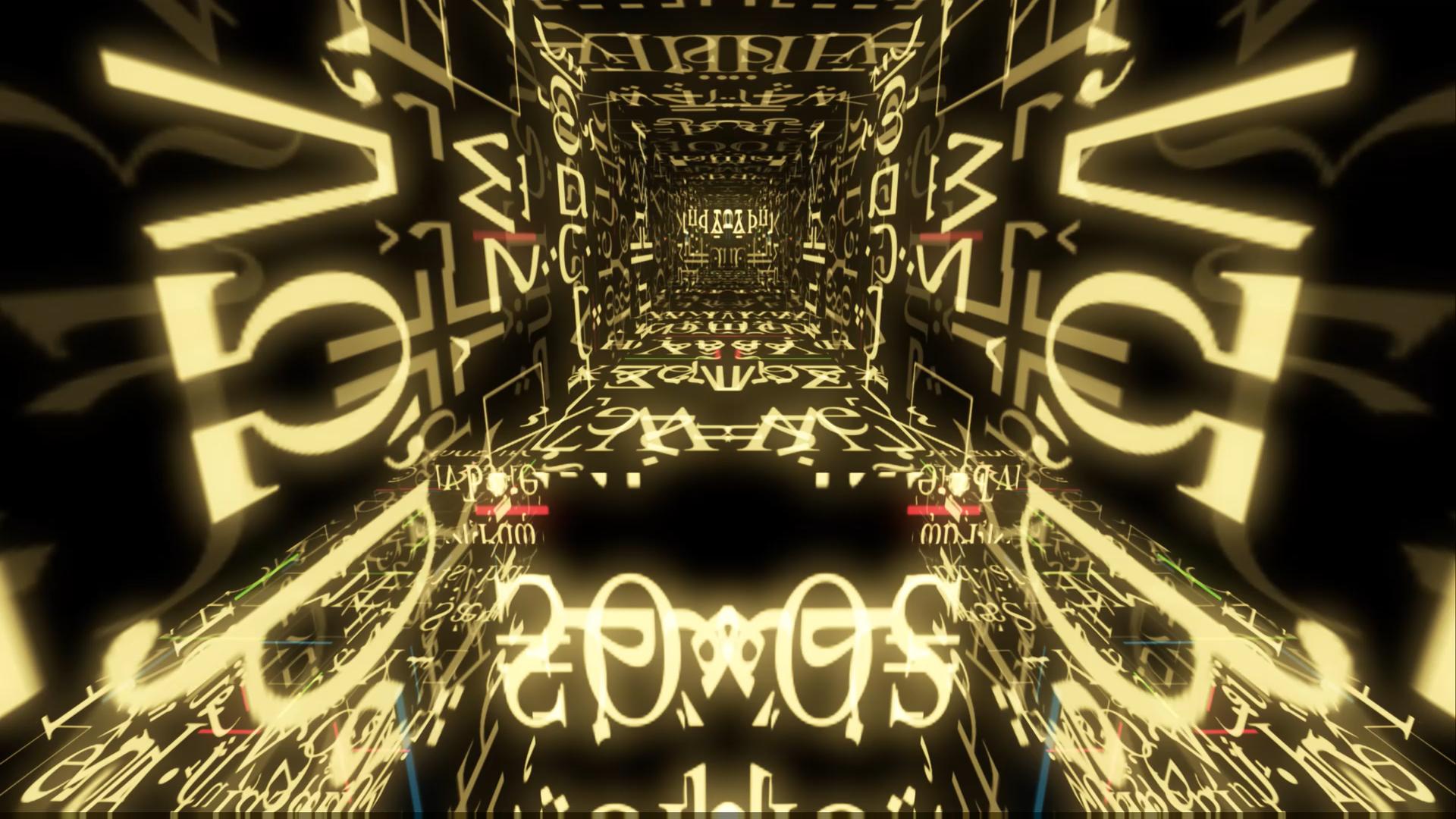 Free HD video loop of golden data text swirling endlessly in a dark tunnel.