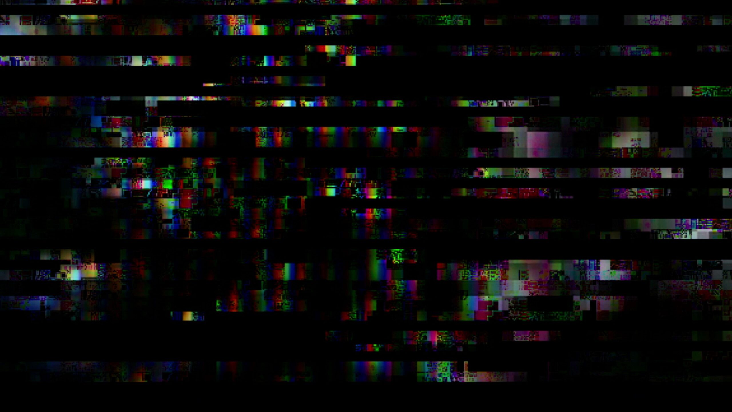 Abstract glitch 4K video loop with colorful pixelated patterns and dark horizontal bars.