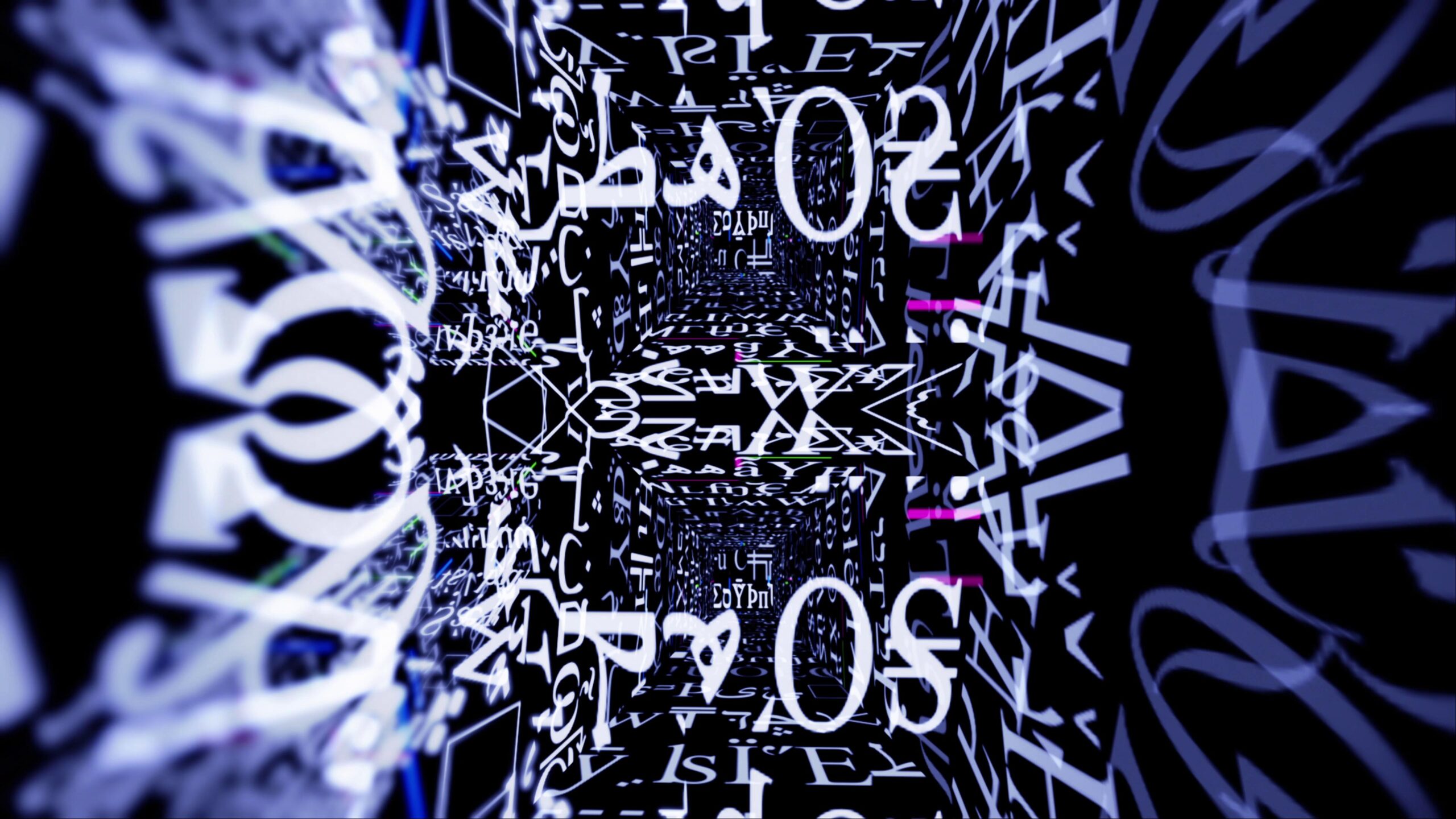 4K looping video of abstract glowing letterforms swirling in a neon-lit vortex.