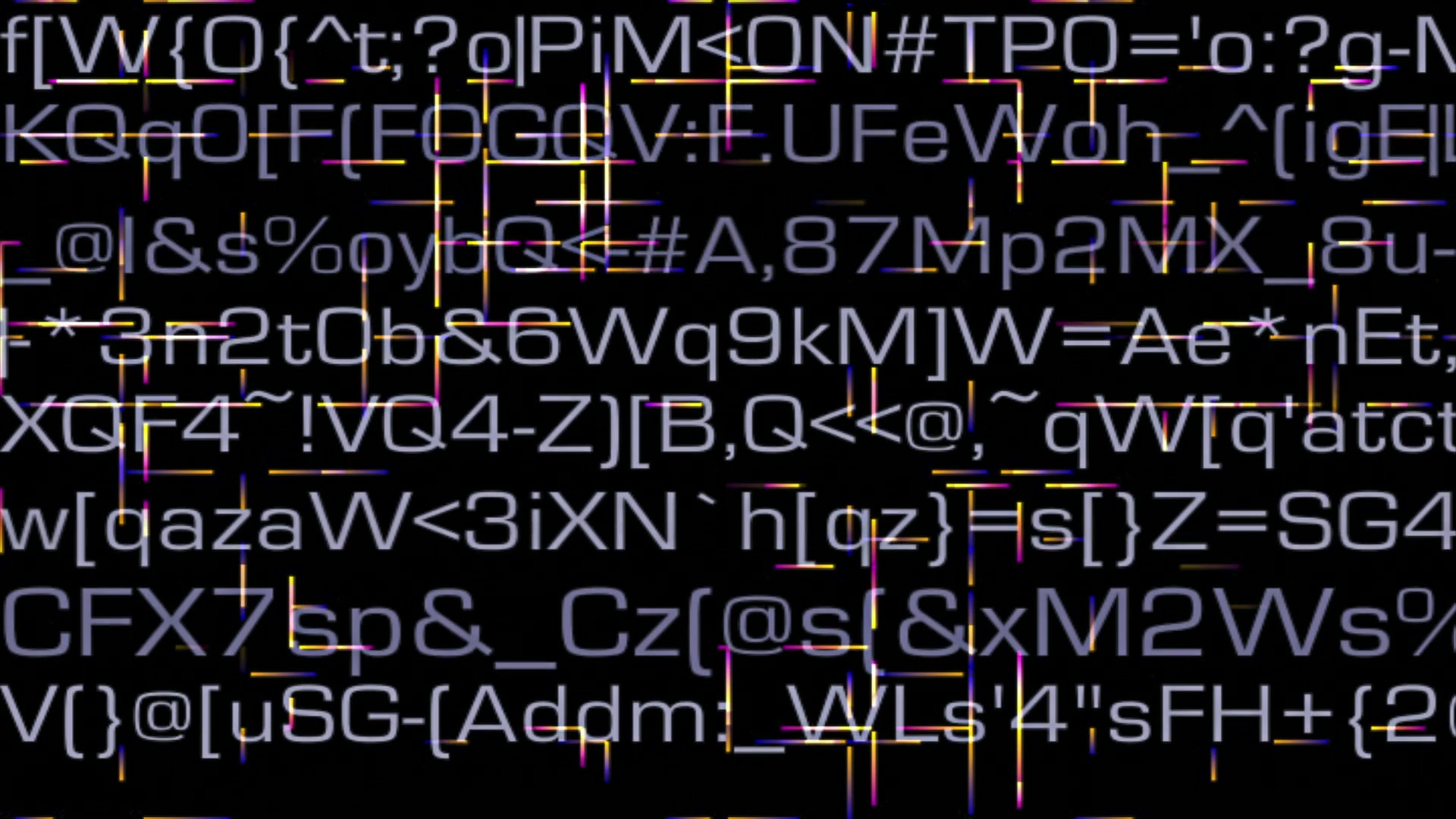 Abstract digital video loop featuring a chaotic arrangement of scrolling numbers, letters, and symbols with neon lines intersecting a dark background, evoking a sense of technological complexity.