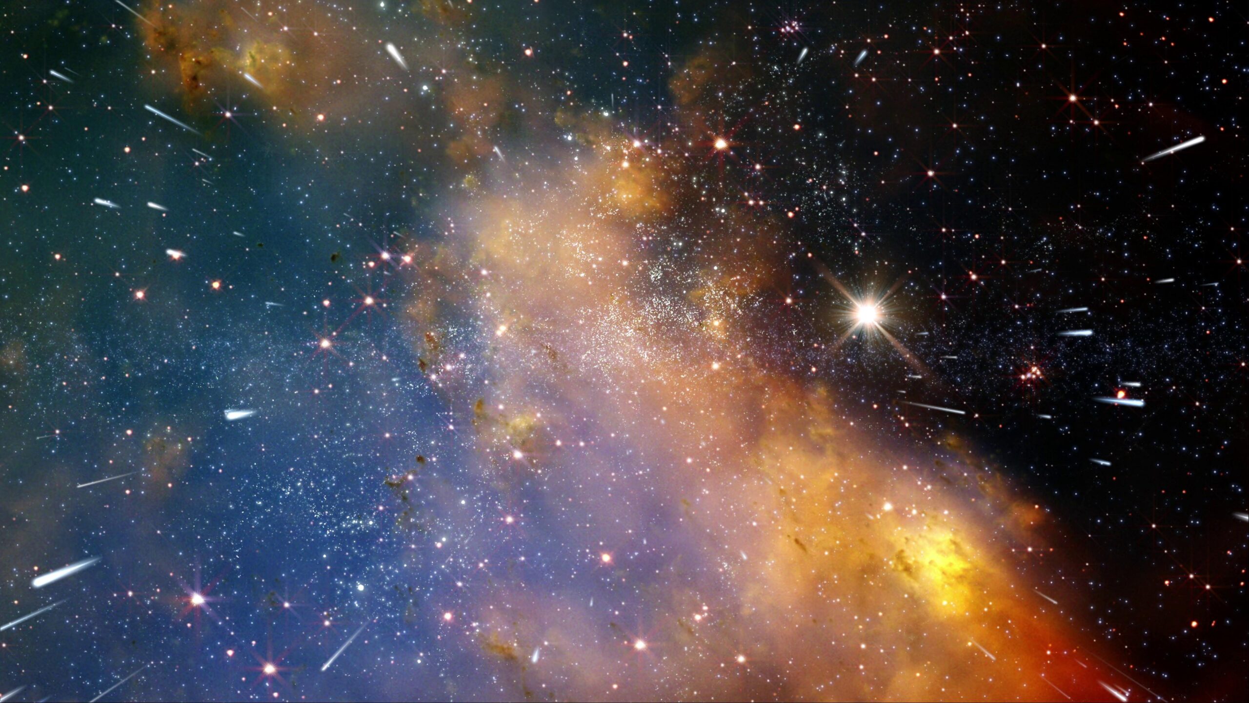 A vibrant galaxy filled with glowing nebulas, bright stars, and dynamic trails showing motion through deep-space environments.