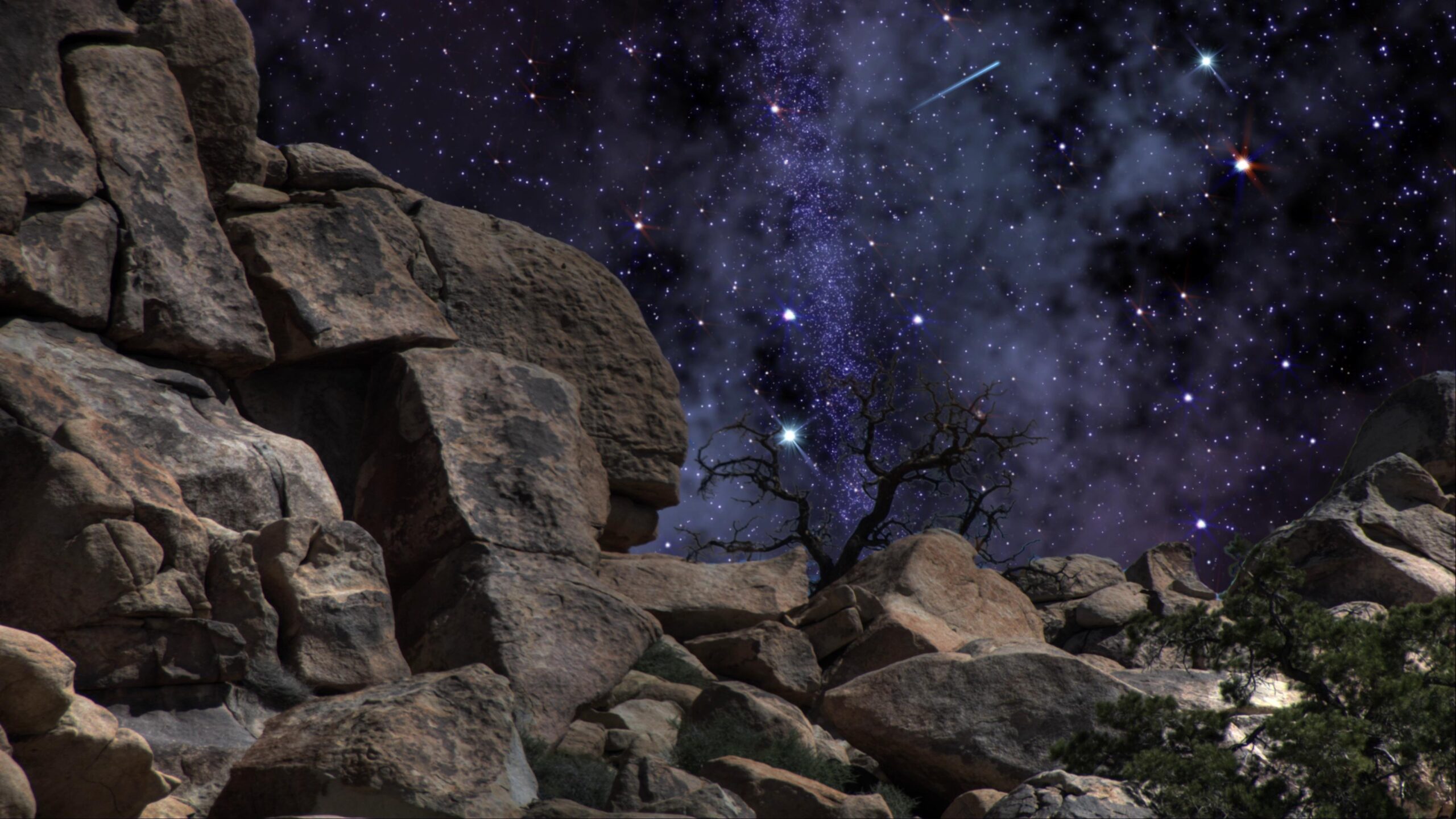 4K video of stark rocky desert beneath dazzling starfield