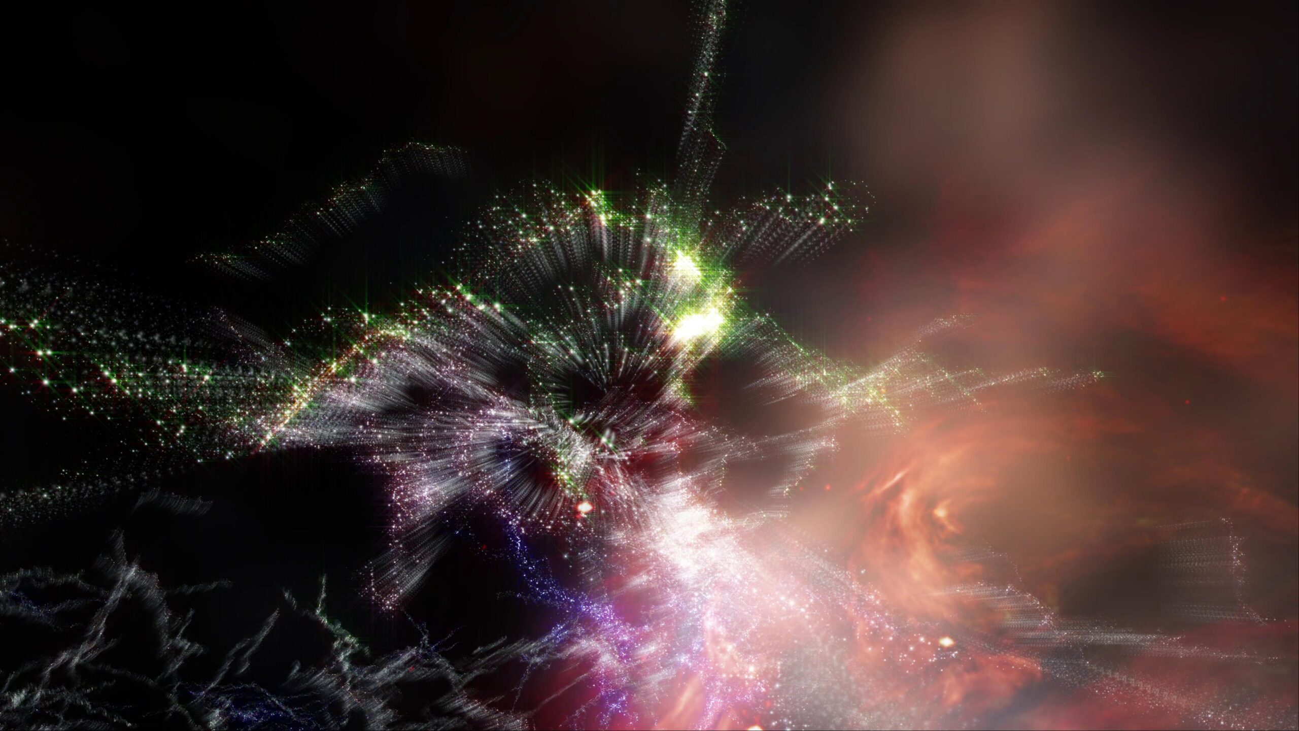 A vibrant 4K video loop galaxy journey filled with colorful starlight trails against blackness.