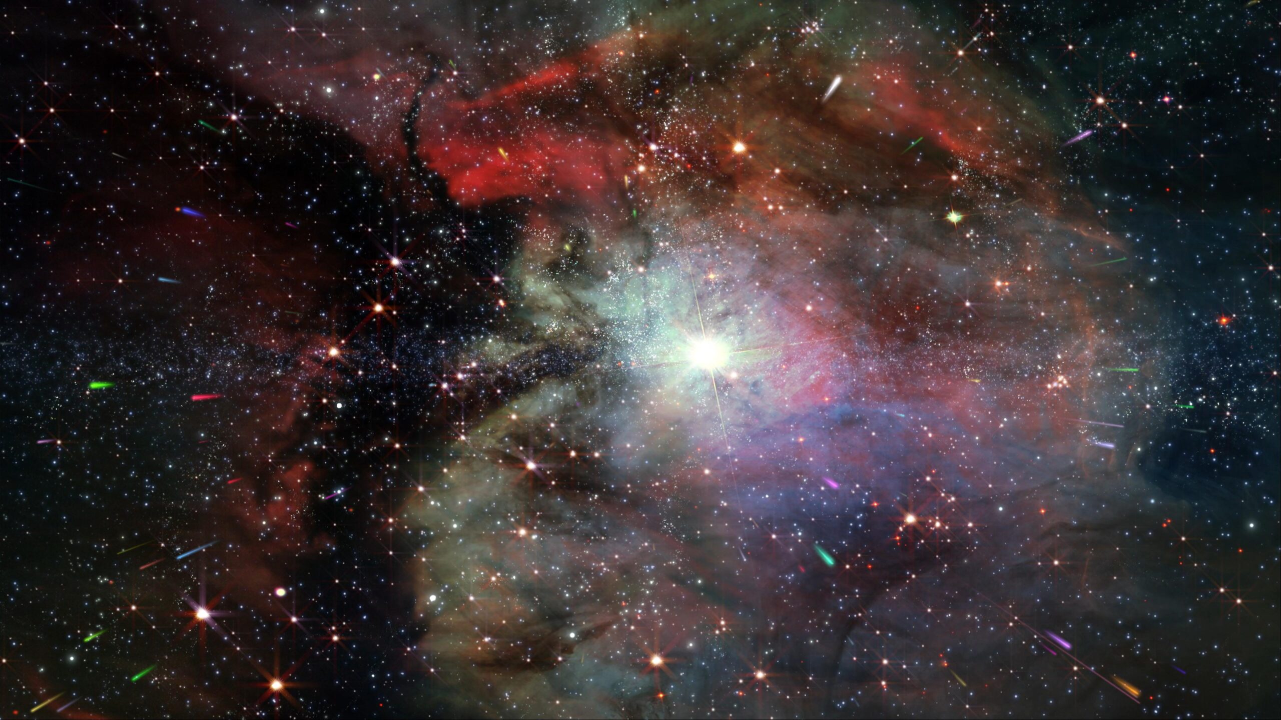 A dazzling galaxy filled with bright stars, swirling nebulas, and shooting meteor trails floating within deep-space darkness.
