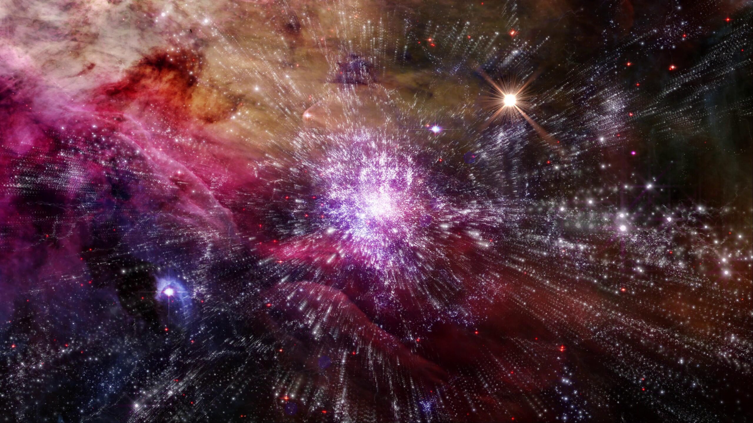 A vibrant galaxy exploding with color and light surrounded by drifting stars and cosmic dust.