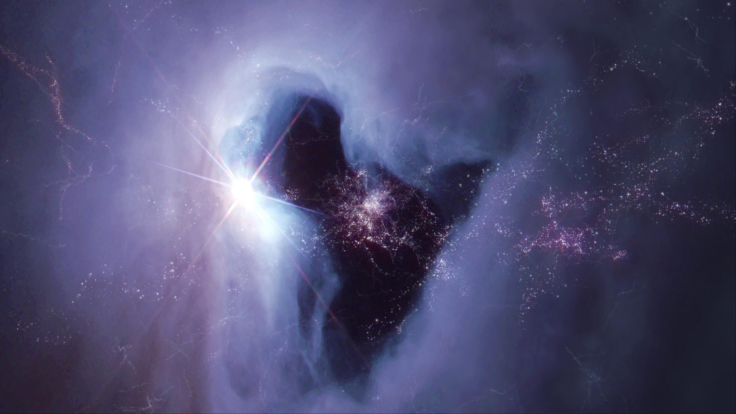 Stunning deep-space nebula glowing purple blue hues surrounded bright stars, 4K video.