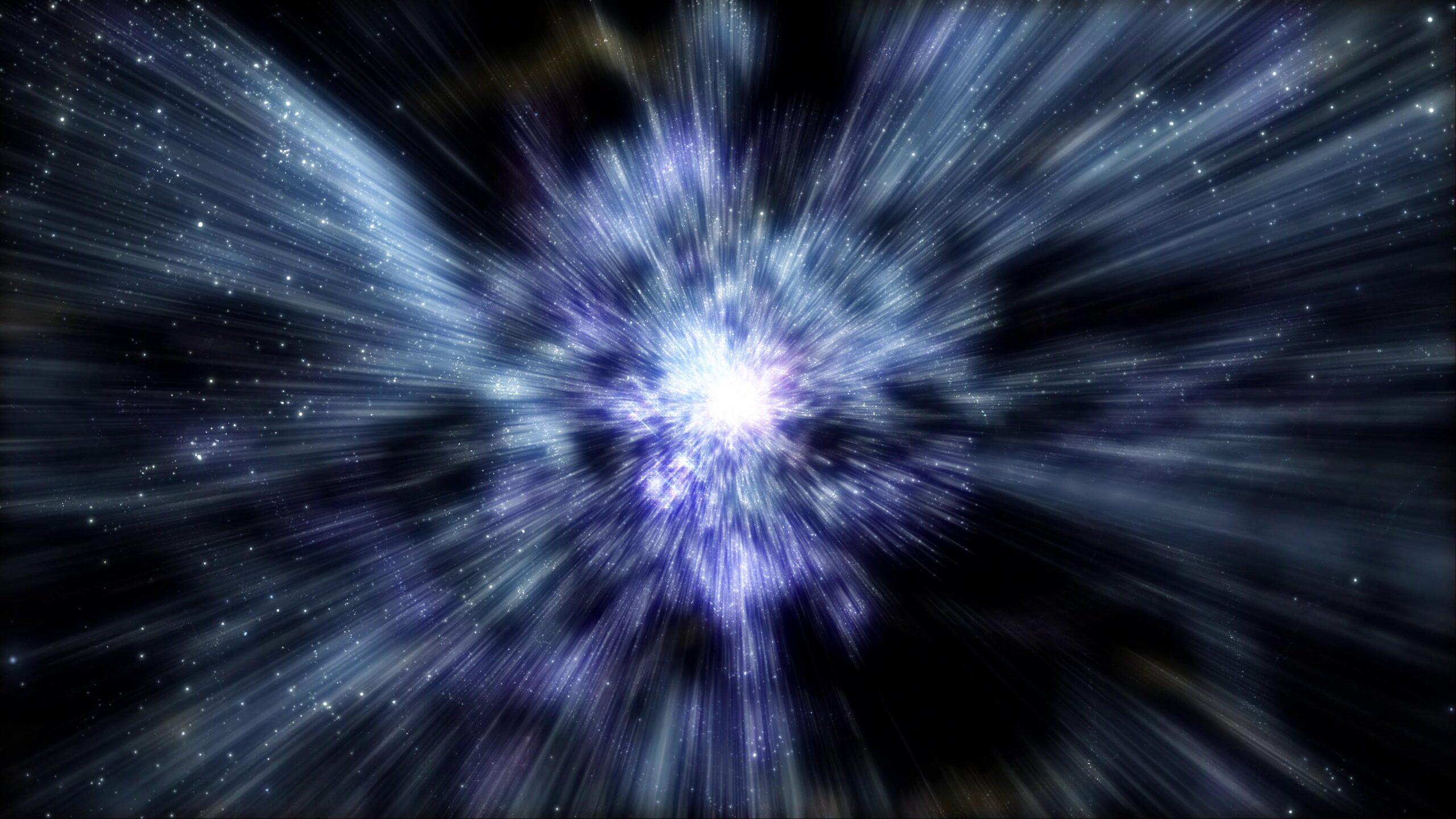 Stunning cosmic burst illuminates galaxy with radiant blues and purples amidst twinkling stars.