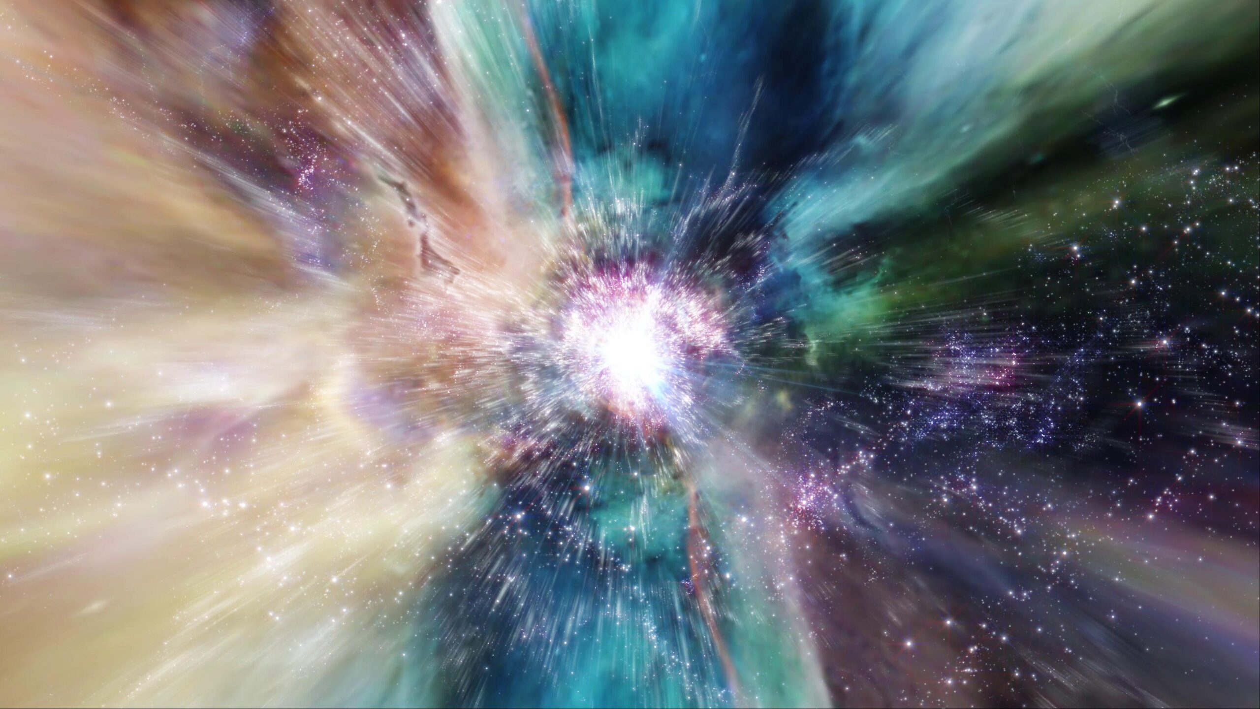 A vibrant explosion radiates through deep-space, revealing dazzling colors and endless stardust against darkness.
