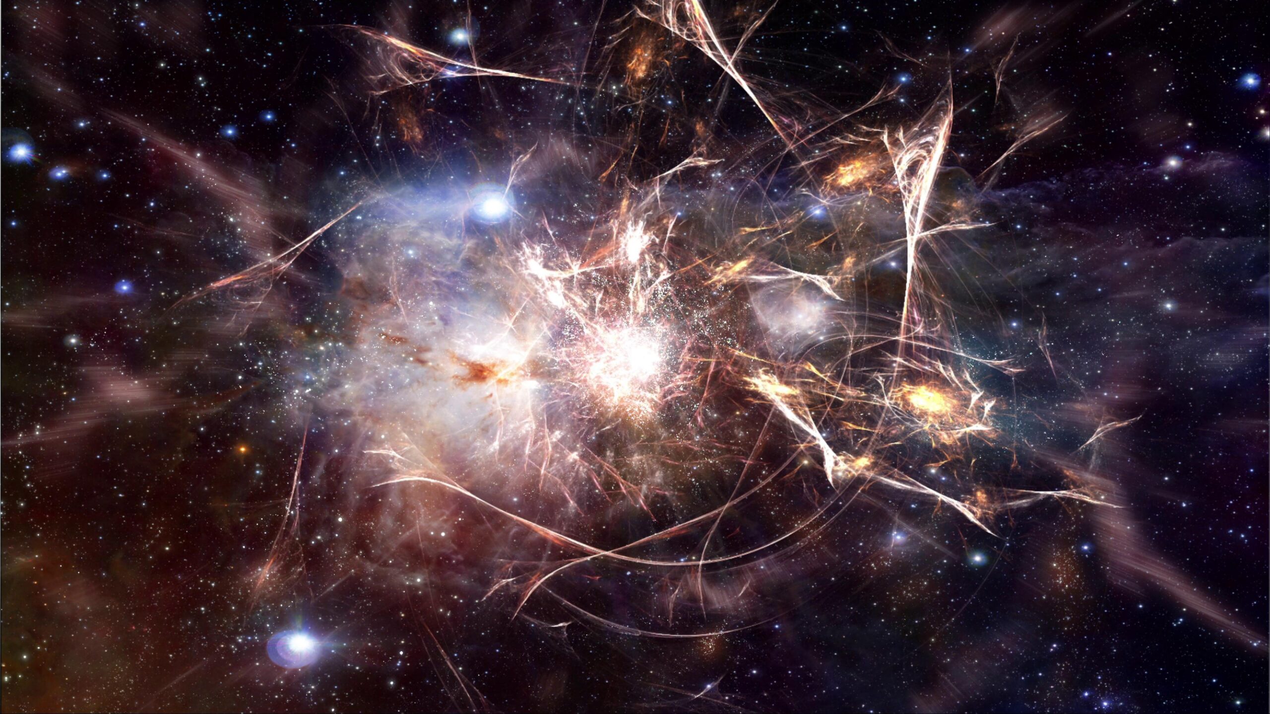 A dazzling starfield surrounds luminous cosmic tendrils spreading across the void.