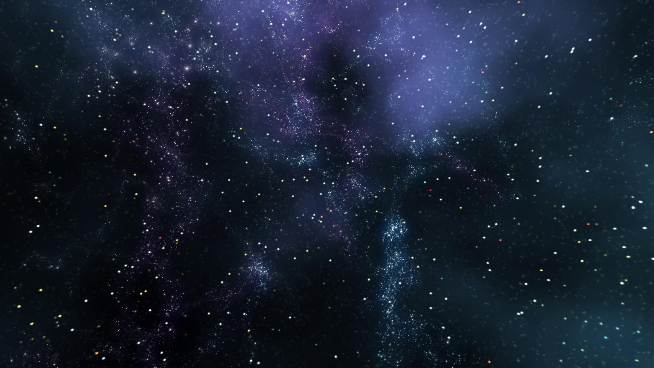 Animated 4K video galaxy tour featuring twinkling stars, colorful nebulas, and drifting cosmic particles in deep-space travel scene.