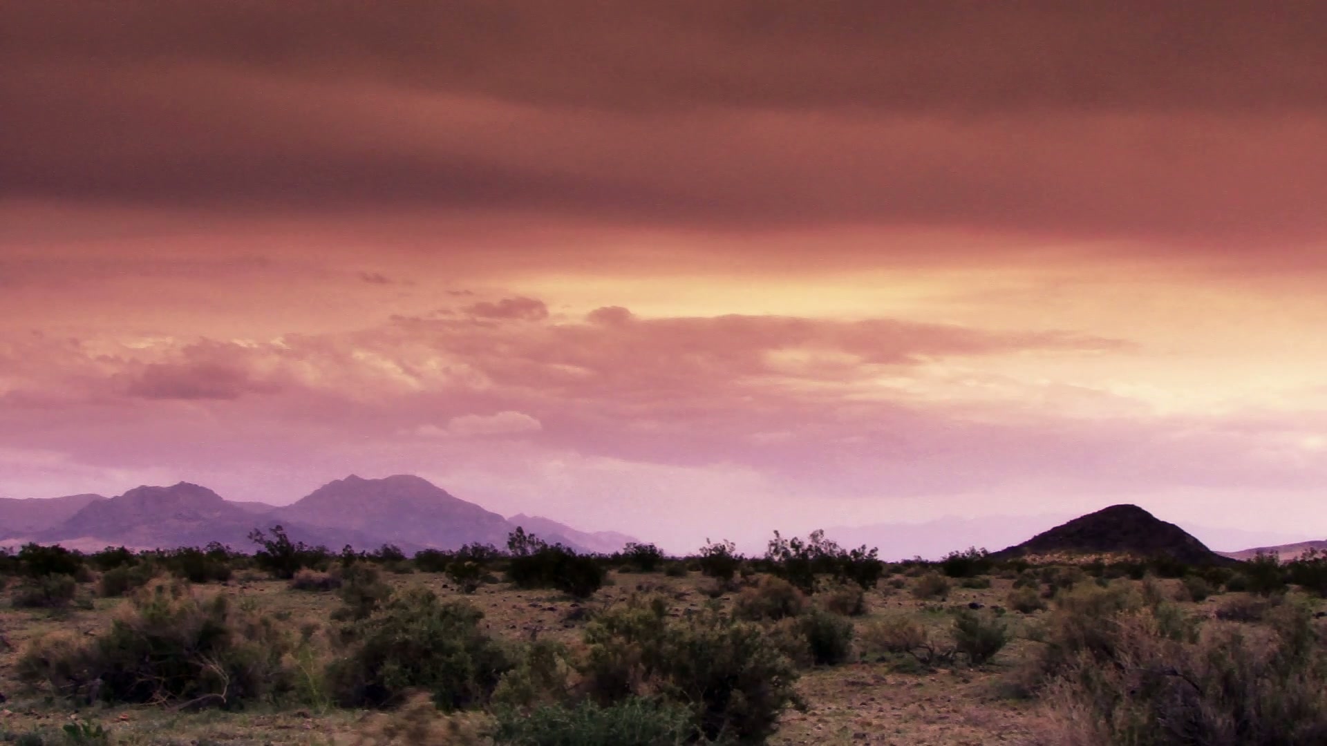 Breathtaking desert sunset with vibrant pink and orange hues, mountain silhouettes, and sparse desert vegetation creating a tranquil and serene time-lapse landscape.