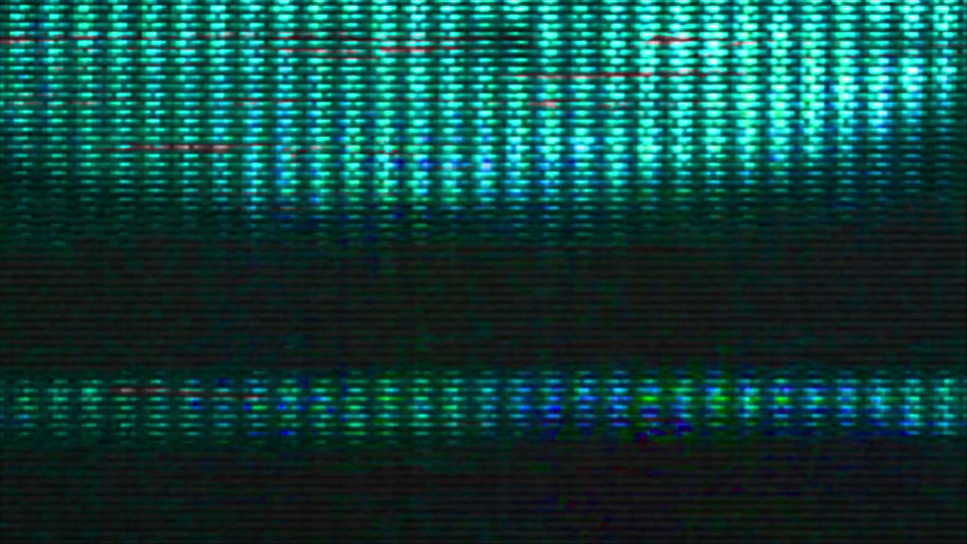 Video loop close-up of turquoise and green pixelated retro screen with horizontal bands and signal distortion effects.