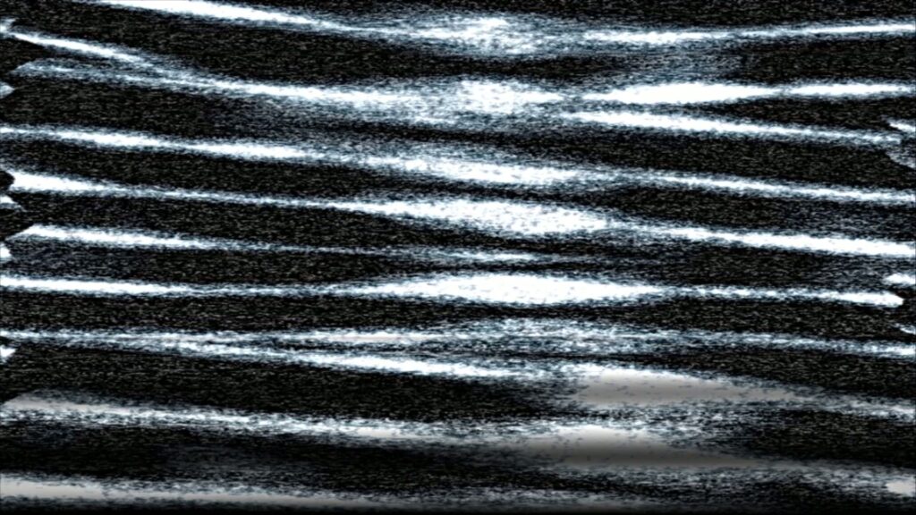 An abstract video loop featuring a rolling monochrome static noise pattern with wavy horizontal lines, evoking a sense of interference and distortion, reminiscent of an analog television screen.