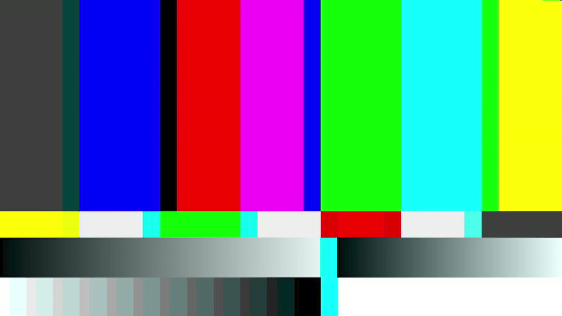 Classic television test pattern glitch with colorful vertical stripes and grayscale horizontal bars used for broadcast signal calibration and equipment testing.