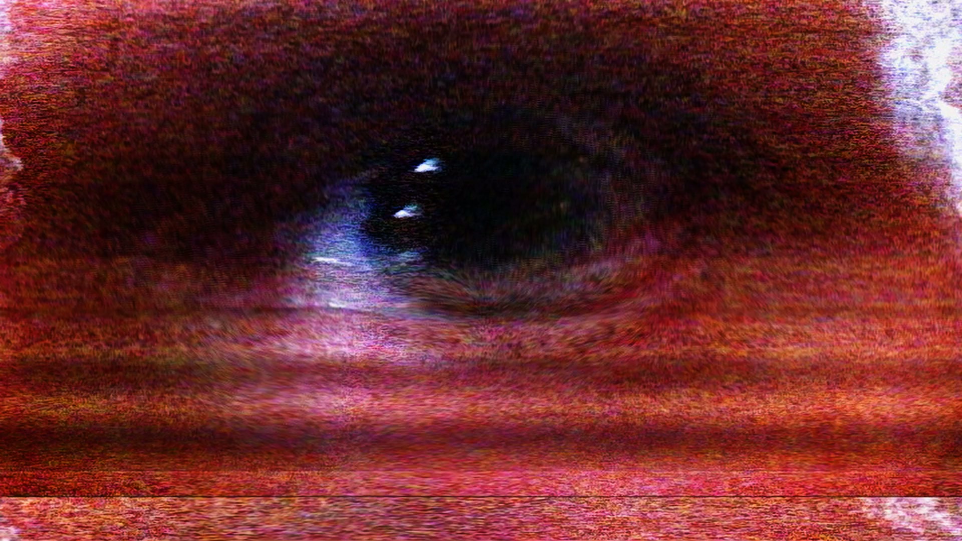 Abstract digital video loop of a pixelated human eye with vibrant red and purple hues, surrounded by static-like textures, creating a futuristic and intense visual aesthetic.