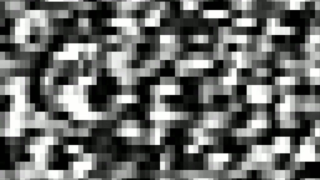 Grayscale video loop of an abstract pixelated pattern featuring random black, white, and gray squares creating a flickering mosaic effect.