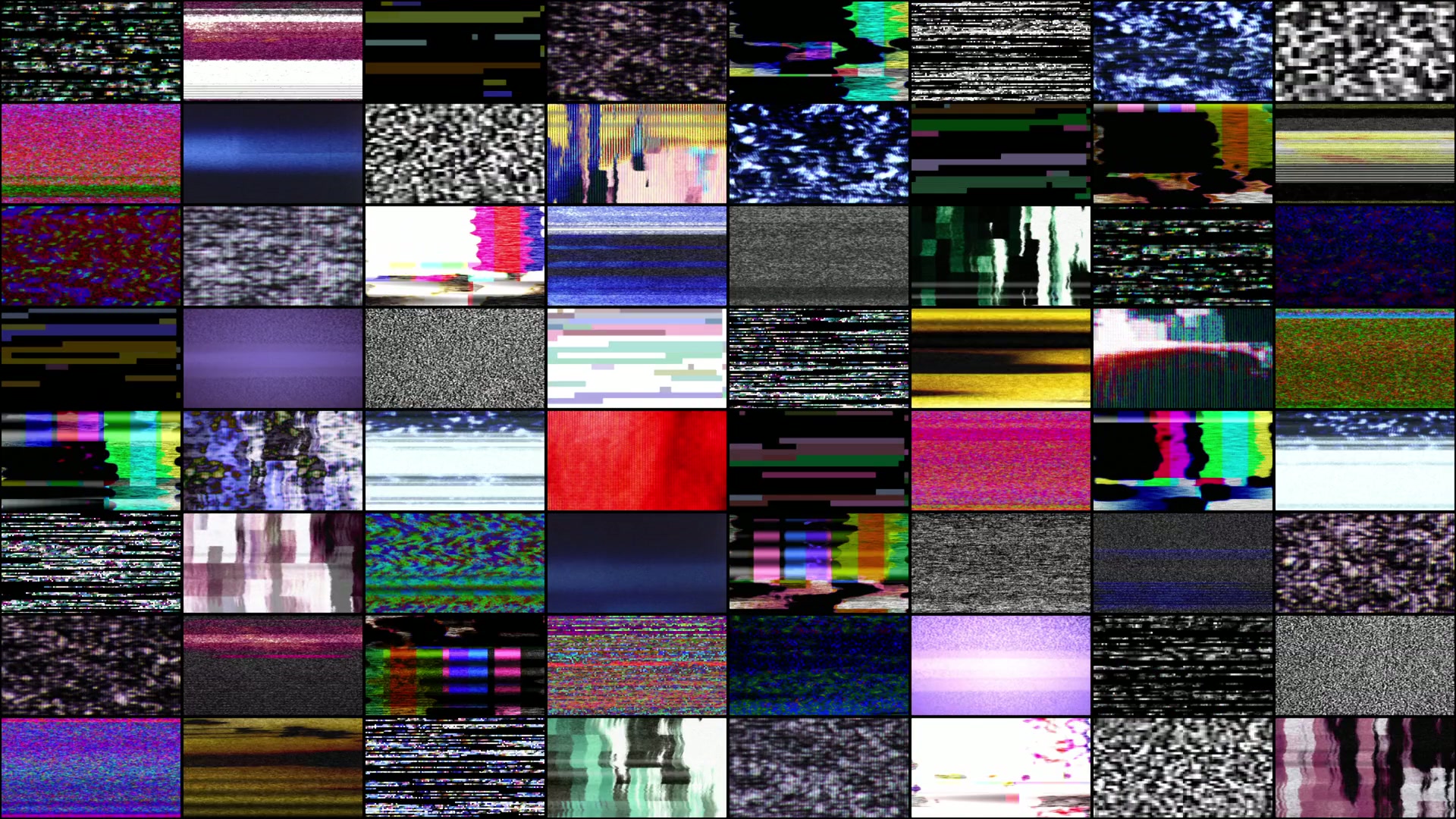 Looping video of a collage of colorful TV static and glitch patterns creating an abstract mosaic of digital interference.