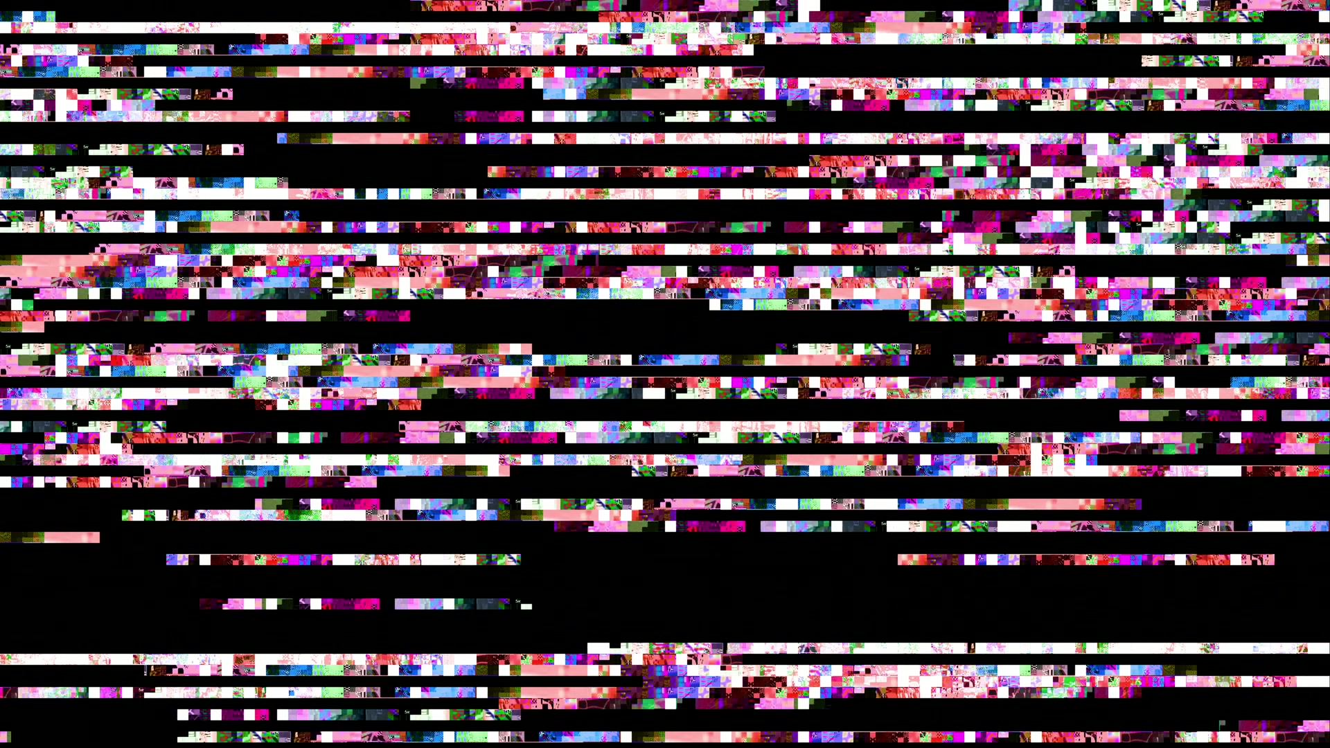 Colorful glitch art video loop displaying horizontal lines and pixelated blocks in bright pinks, purples, blues, and greens, creating an abstract and chaotic digital design.