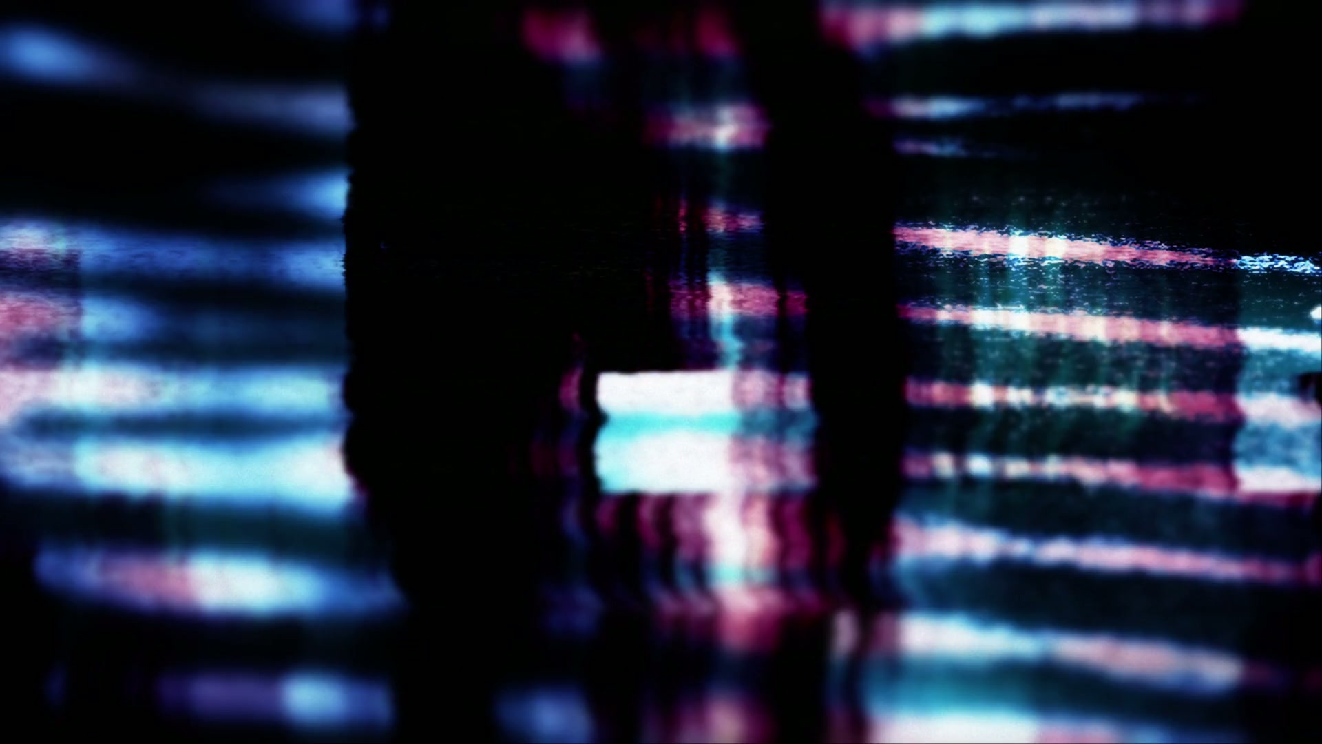 Abstract digital glitch art video loop with vibrant blues, pinks, and whites forming distorted lines on a dark background, evoking technology breakdown.
