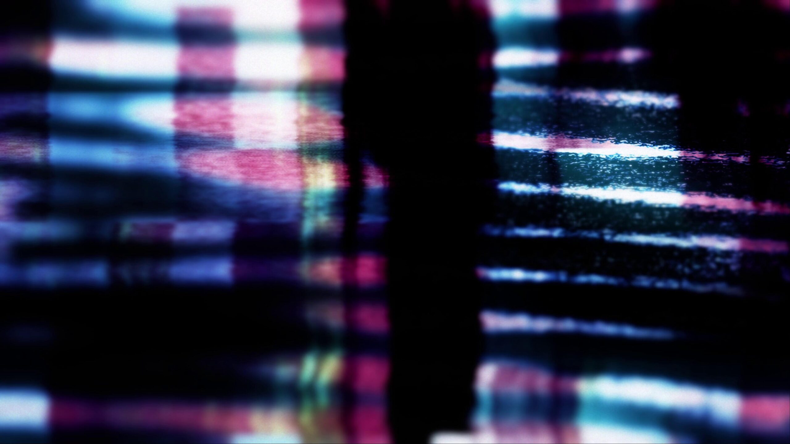 Abstract 4K video loop with glitch effects, featuring vibrant blue, pink, and white lines on a dark video background.