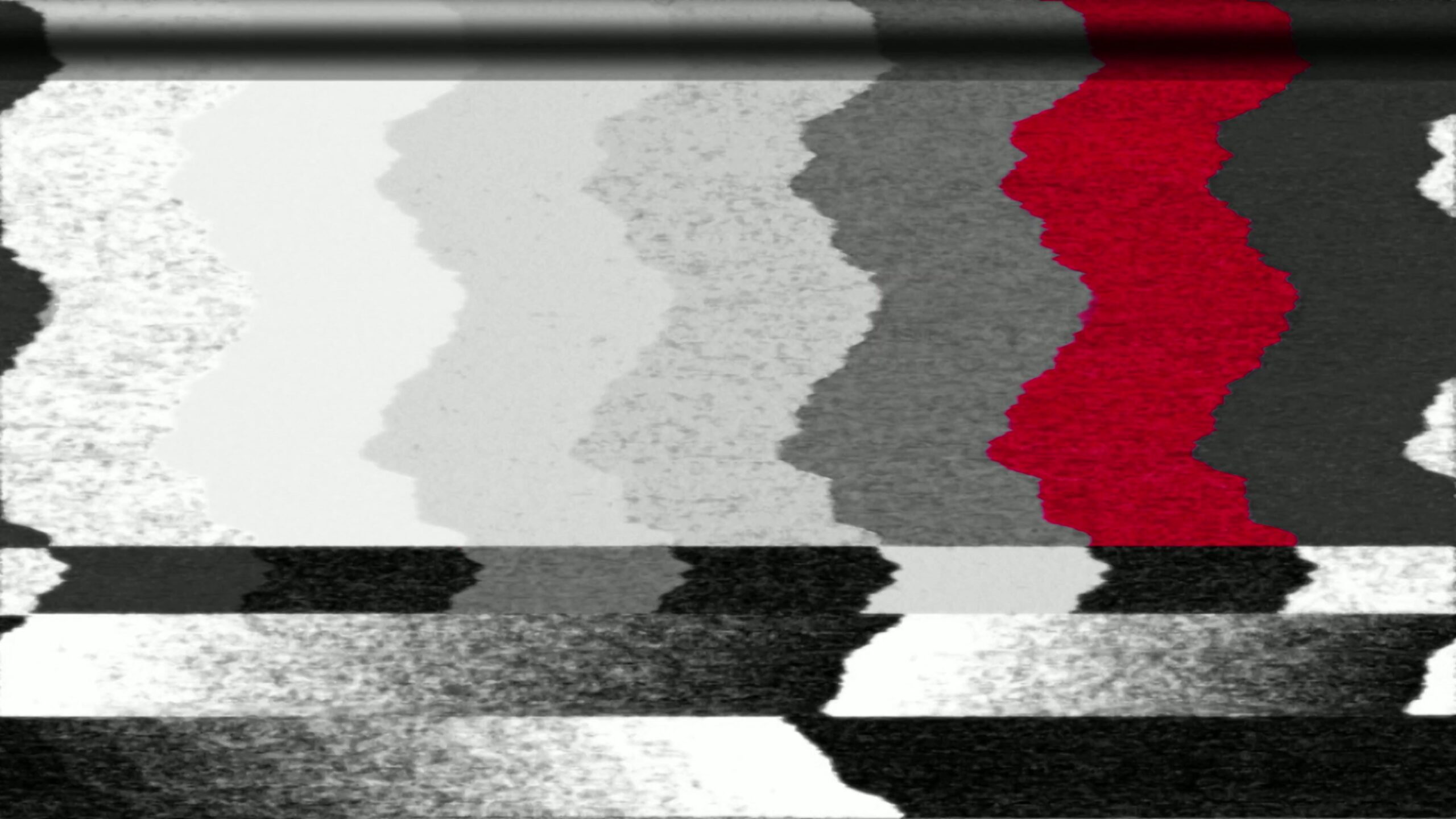 Abstract 4K looping video with static interference and a central vertical red line creating a striking contrast against grayscale television-like video background.