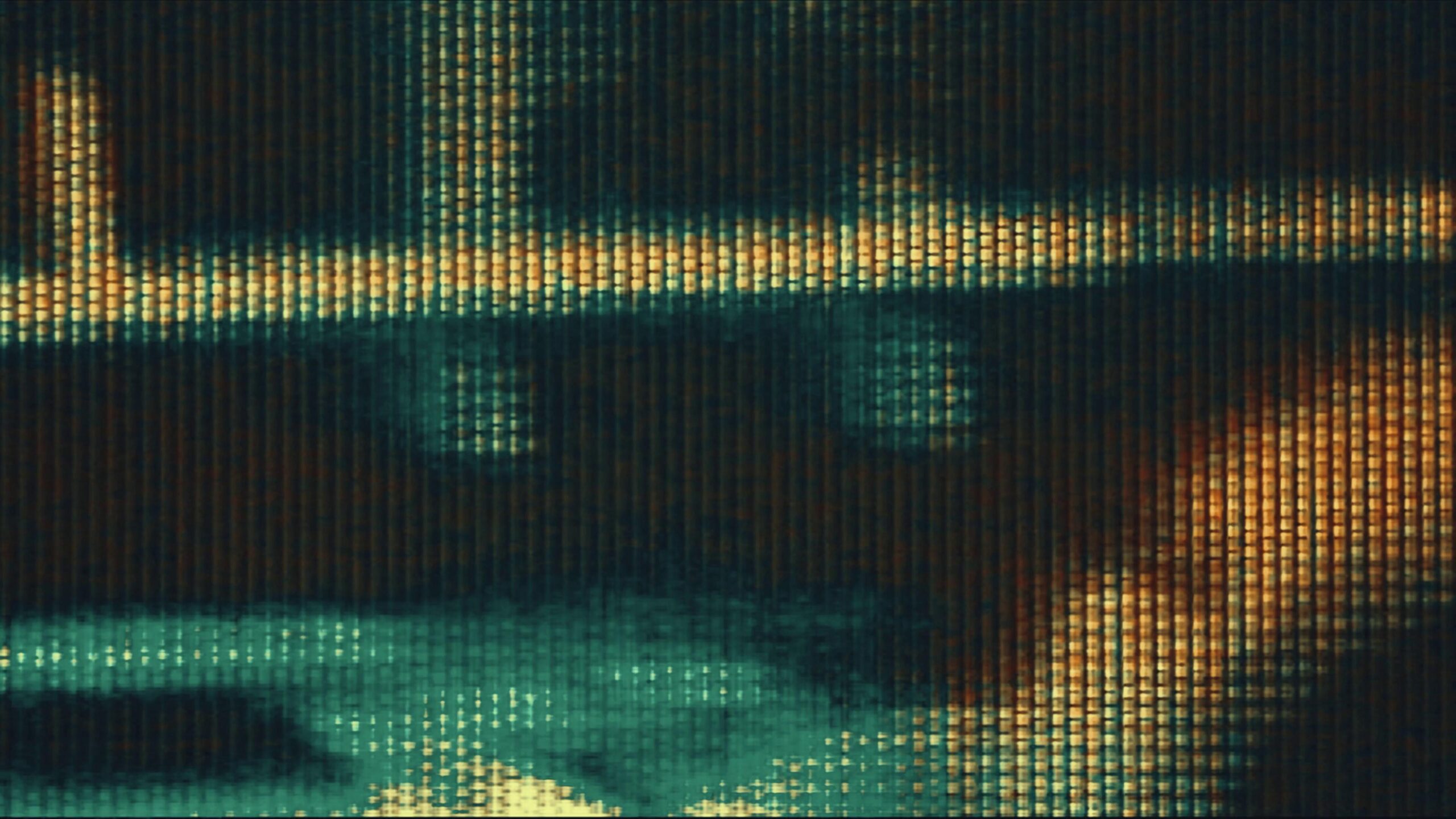 Abstract 4K video loop of glowing technology grid patterns in gold and teal.