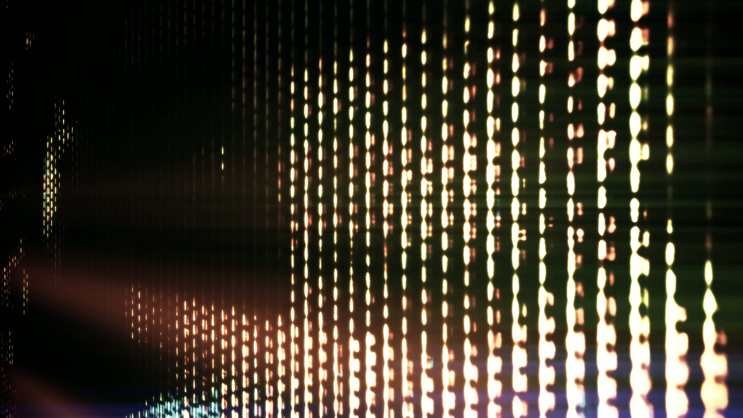 Abstract 4K video loop digital display with vertical lines of light on a dark background, featuring warm hues and a sense of data, digital art, and futuristic design.