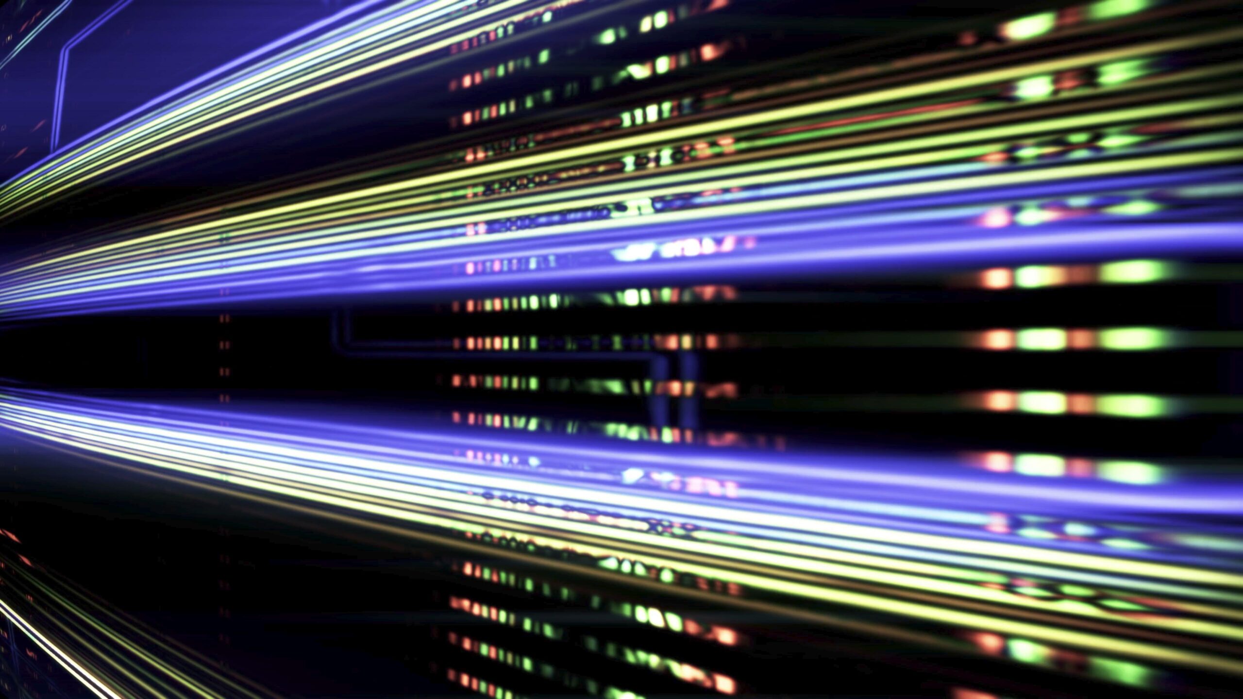 Abstract 4K video loop of digital light patterns, featuring contrasting shades of orange and blue.