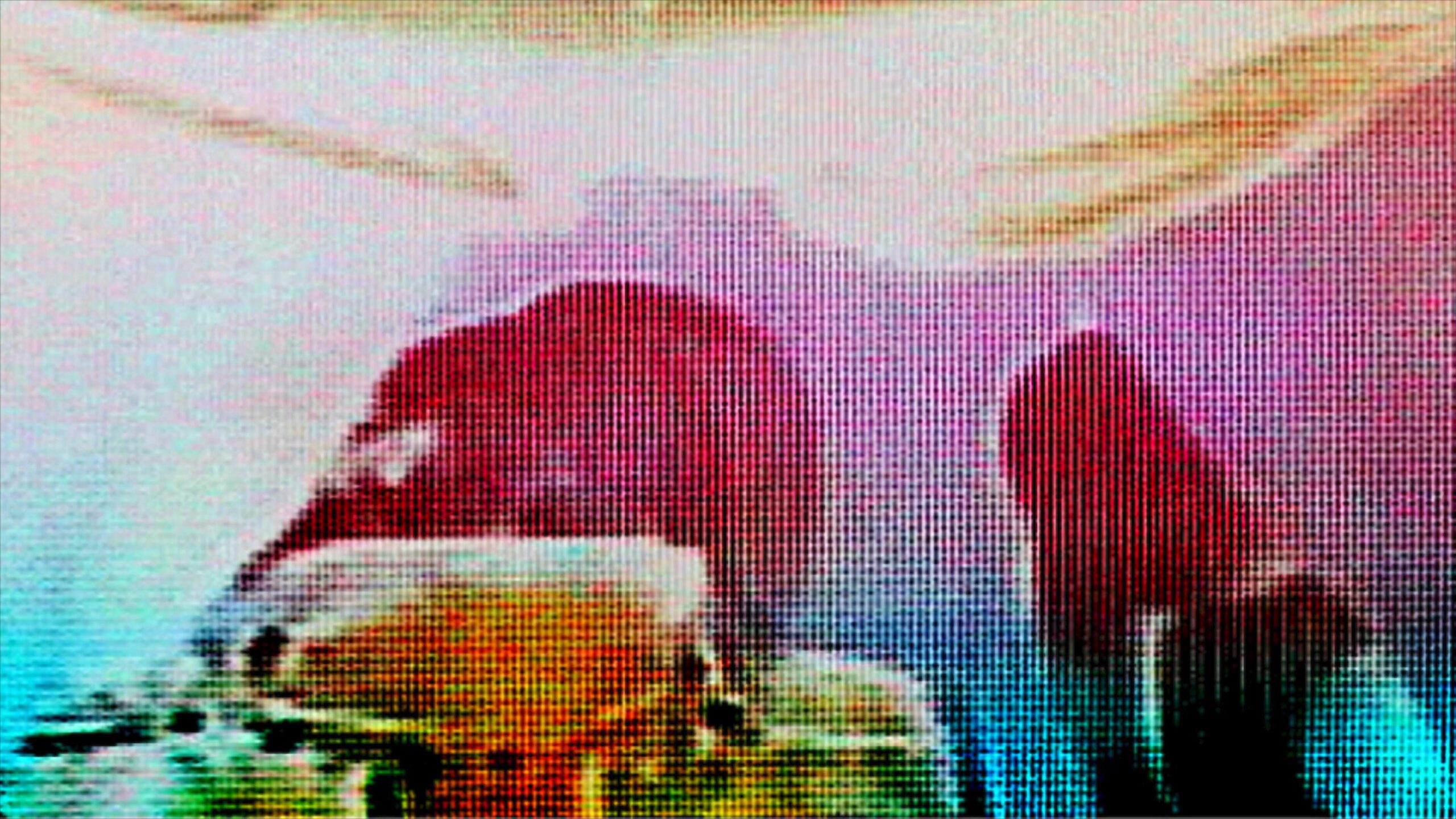 A pixelated abstract 4K video loop with green and red hues, displaying distorted digital forms and patterns.