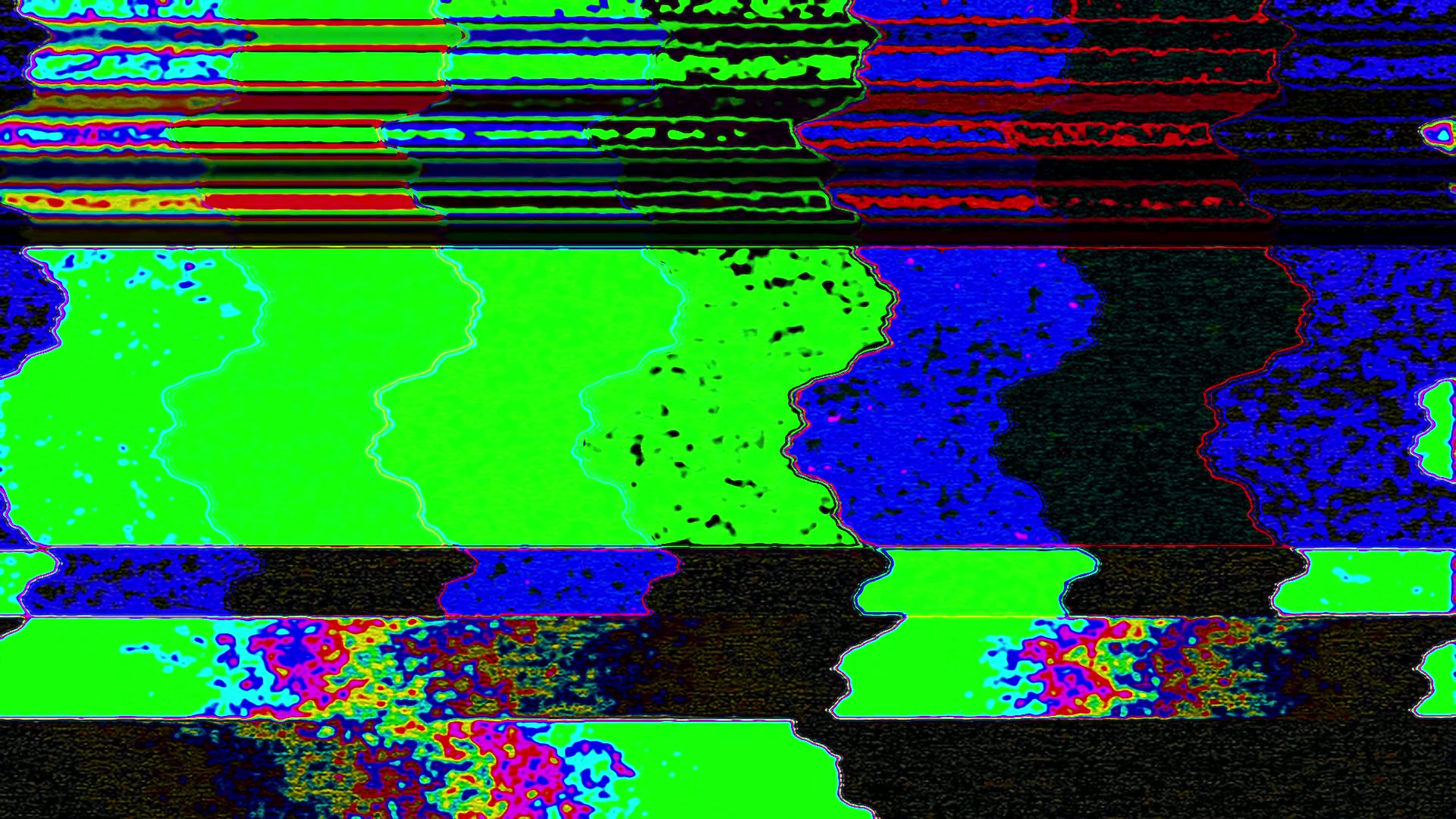A vibrant digital glitch art video loop featuring abstract horizontal lines, undulating forms, and dynamic colors such as red, green, blue, and purple, creating a mesmerizing and chaotic visual effect reminiscent of distorted digital signals.